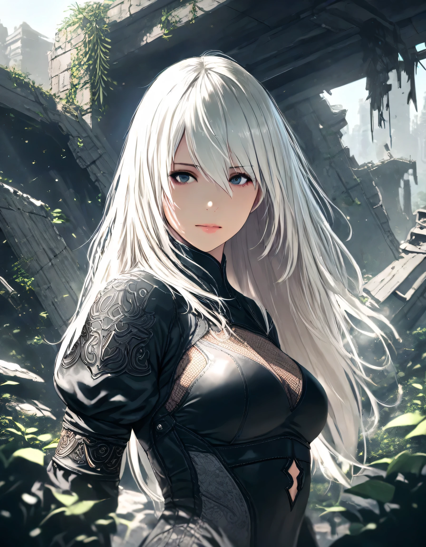 1girl, nier \(series\), year 2019, upper body, ruins, masterpiece, high score, great score, absurdres, 16k, Ultra detailed, (photorealistic : 0.5)