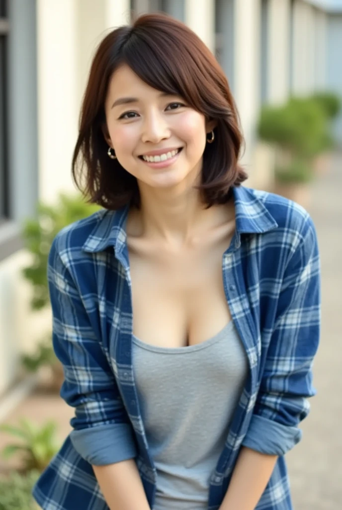 ((Highest quality, 8K, Tabletop :1.3)), Sharp focus :1.2, Beautiful mature woman, 40 years, Mature Woman, ((Loose fitting T-shirt)), Down blouse, ((Leaning forward)), (Beautiful breasts), (smile:1.15), Open your chest wide、Highly detailed face and skin texture, Fine grain, (Round face:1.4), Outdoor