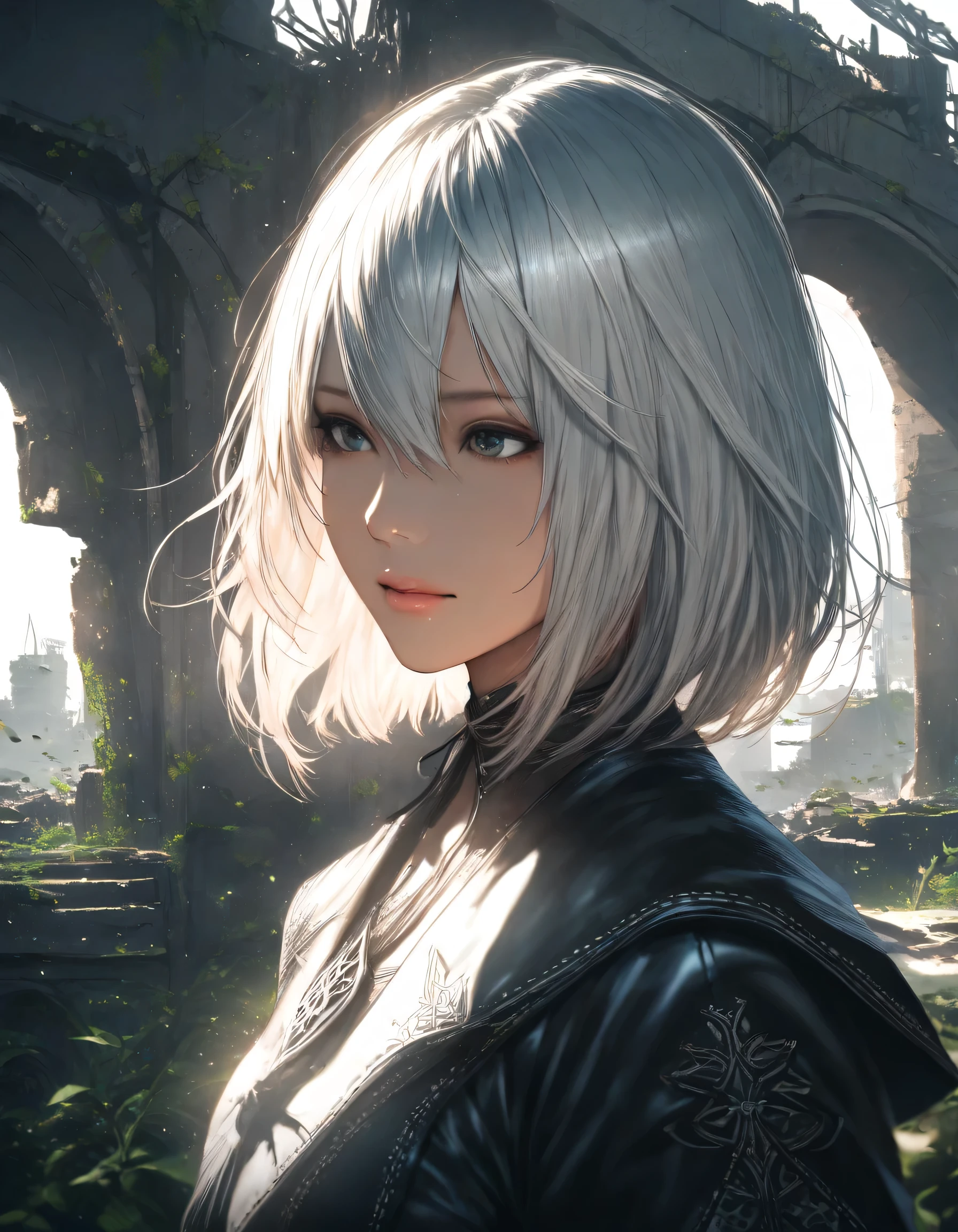1girl, nier \(series\), year 2019, upper body, ruins, masterpiece, high score, great score, absurdres, 16k, Ultra detailed, (photorealistic : 0.5)