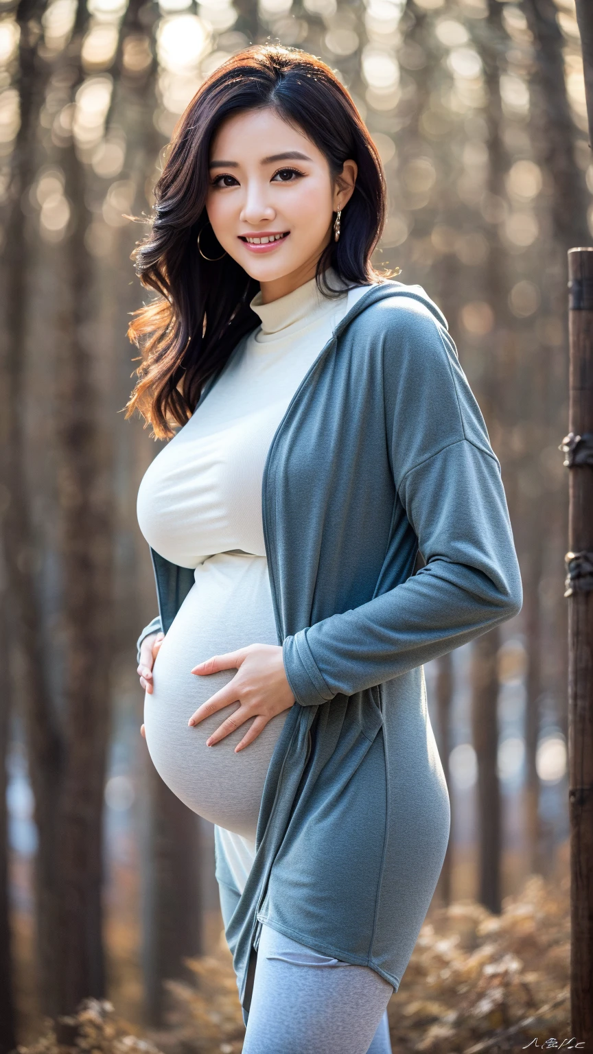 Beautiful sensual woman with a curvy body, black hair, bangs, twintail, widest waist, fitting breasts, huge pregnant, pregnant with triplets, 40 weeks pregnant, overdue pregnant, curvy accentuated booty, olive-green eyes, long eyelashes, thick thighs, Strong calves, smirk, taniaayusiregar, She wears a Coat, jeans, belt, beanie, colors are yellow white black, she waits in a park, photorealistic, Masterpiece, bokeh, Volumetric lighting, Fall season atmosphere, close up shot