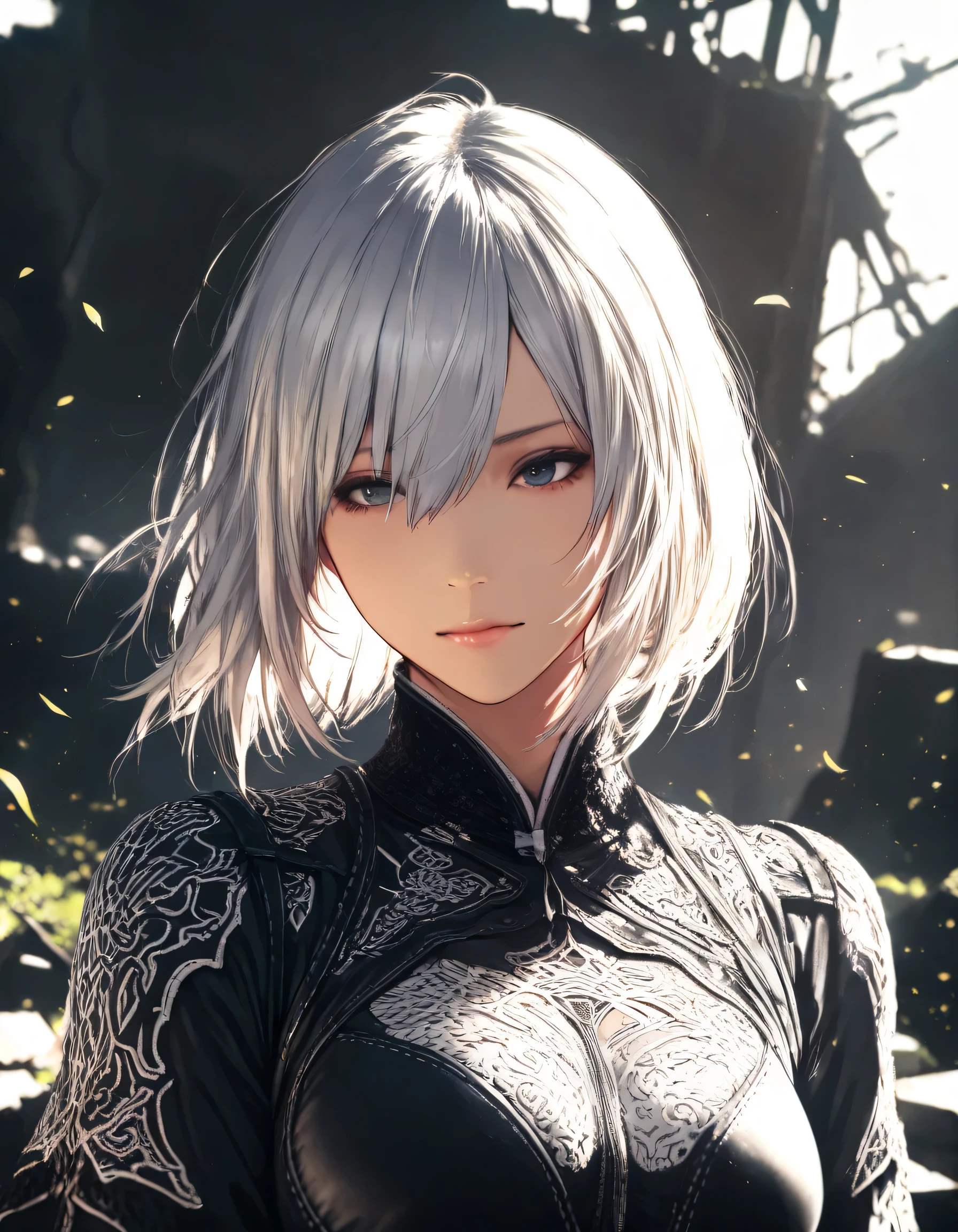 ((best quality)), ((highly detailed)), masterpiece, ((official art)), detailed face, beautiful face, white hair, 2B, (shorthair:1.1), full height, (detailed eyes, deep eyes), (1girl), bluethebone, 1980s \(style\) nierautomata,