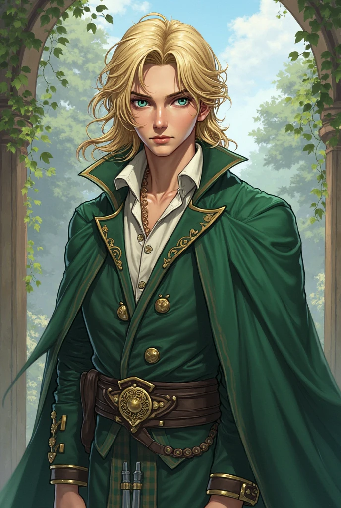 Neels Visser is a prince who has golden blonde hair, wears a moss green medieval military outfit, looking forward with piercing emerald green gaze. full body, HD art by Samyang
