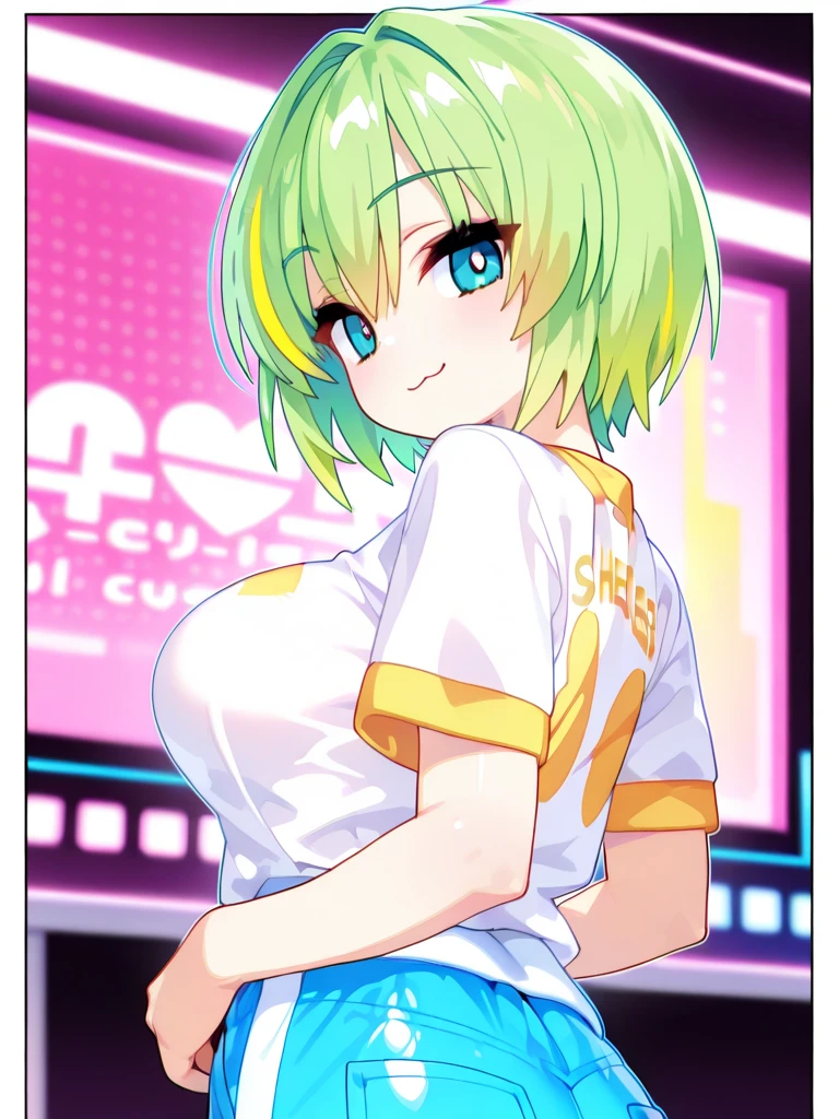 onoderachizuru, green hair, hairband, short hair, yellow eyes, brown eyes,, large breasts,, Live Stage, solo  nsfw naked