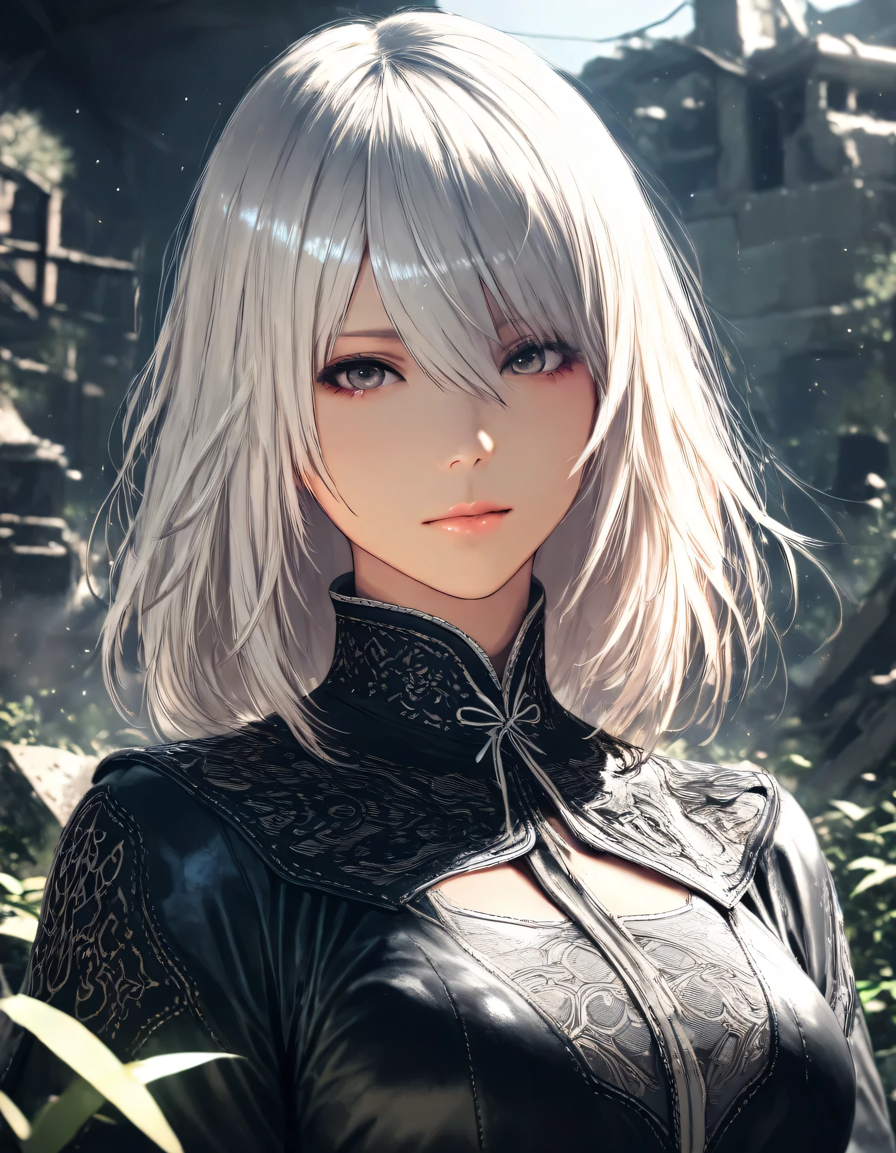 1girl, nier \(series\), year 2019, upper body, ruins, masterpiece, high score, great score, absurdres, 16k, Ultra detailed, (photorealistic : 0.5)