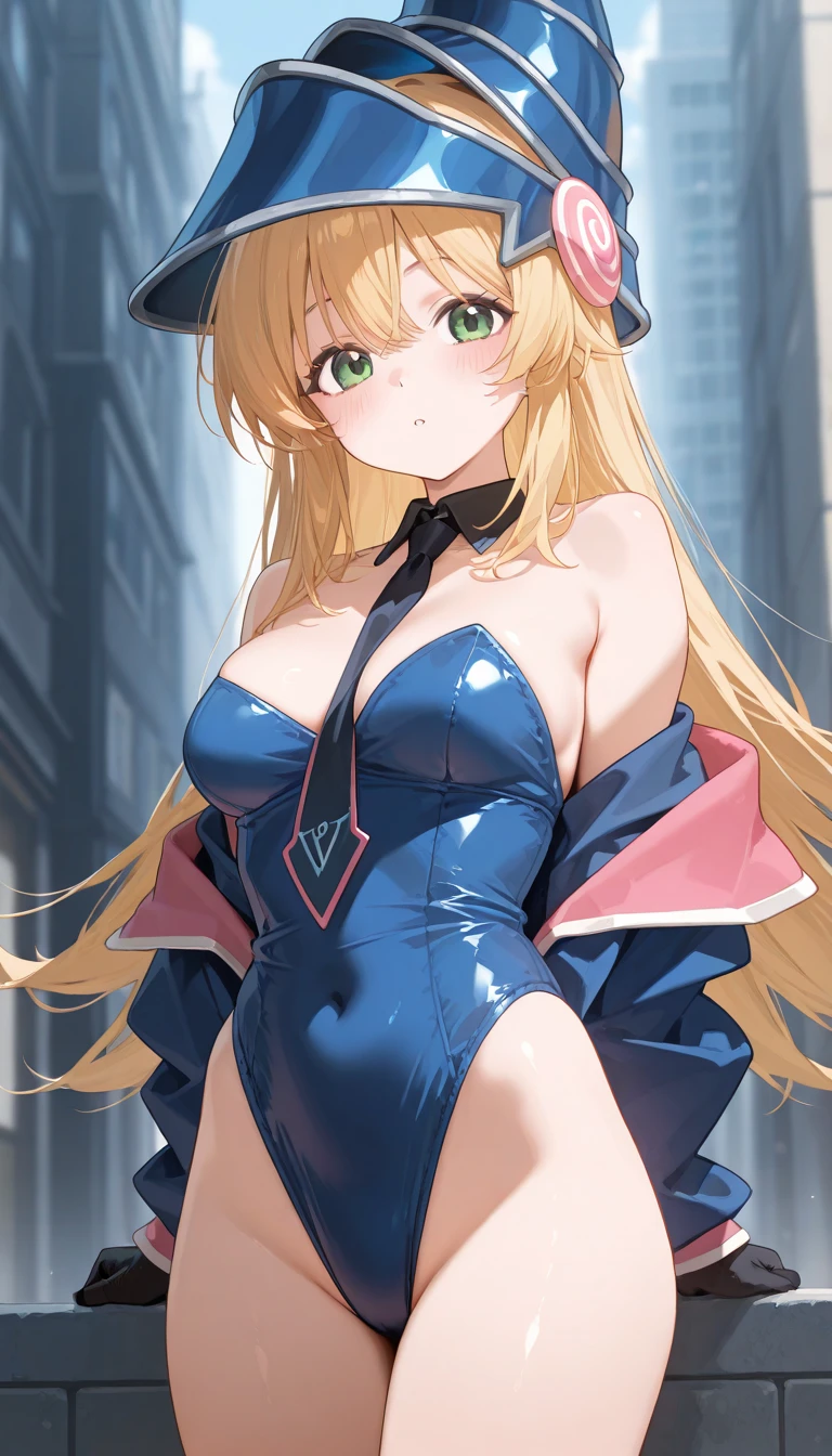 woman,14 years old,,city,night,(((white and blue tight miniskirt bodysuit))),,open mouth smile((See-through))(((glasses))),((beautiful long ponytail)),(()),blush、surprised face,((())),((blonde))(((On the way to changing clothes)))(((While taking off my clothes)))