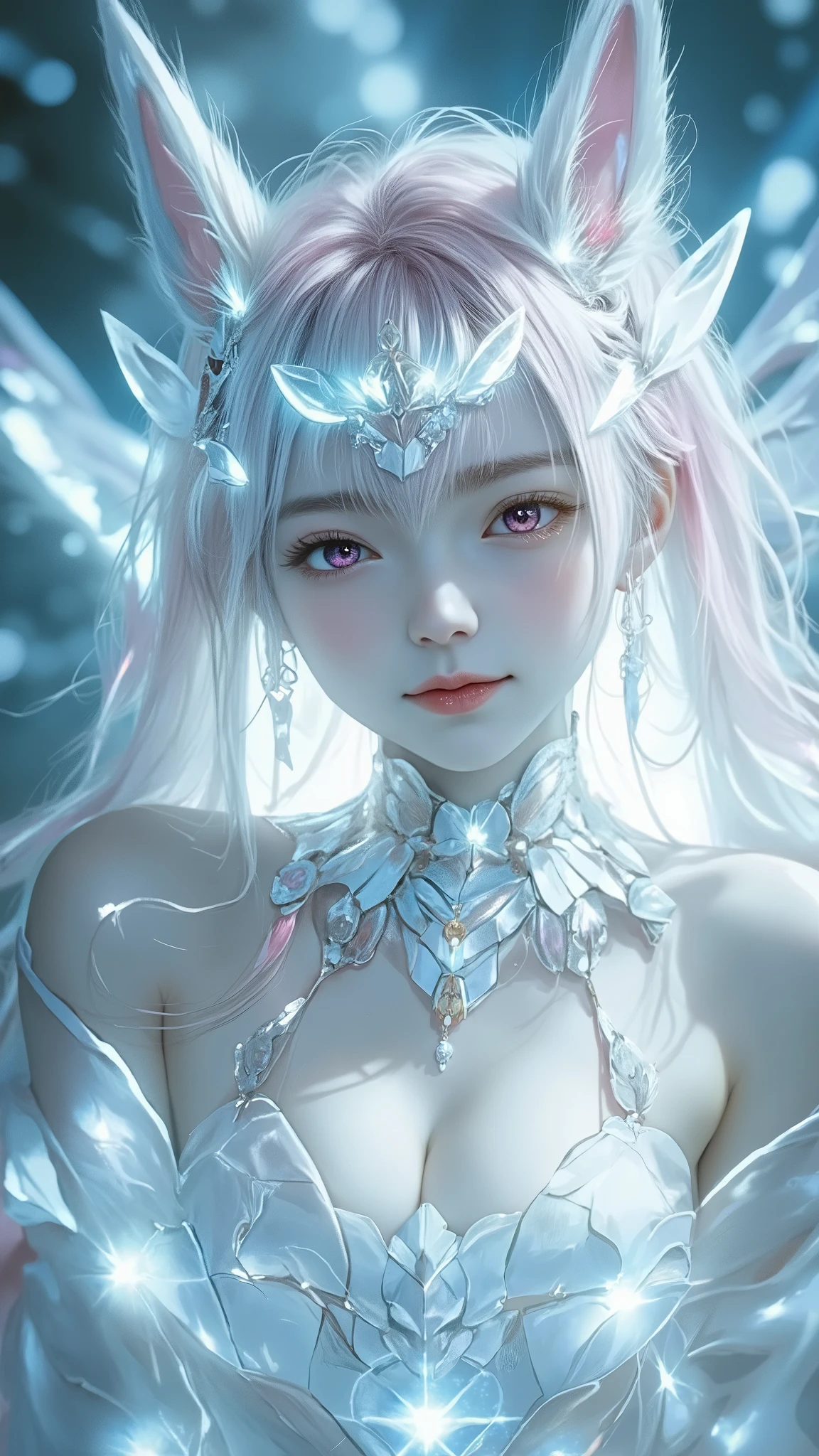 1 , long pink hair . chest. fox ears. MULTICOLOR EYES. PURPLE EYES , pink eyes. earrings. Dancer's candid attire. The symbol on the forehead is in the shape of a moon . full length .