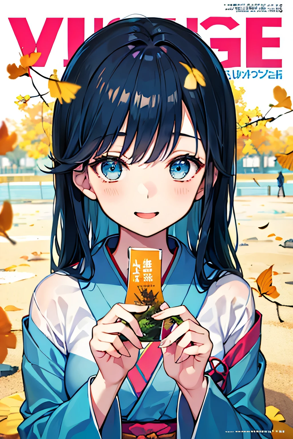 girl with black hair wearing a blue kimono、long hair、blue eyes、upper body、I'm looking up at the sky after getting dumped by my boyfriend、Blue Sky、and I'm looking up、smiling、Composition looking down from above、Smile Yan、vivid gradation、shrine、In the precincts of Torii、birdie、 fallen leaves 、ginkgo tree、masterpiece、 very high resolution、(Girl with light blue hair in a)、(magazine:1.3)、( coverスタイル:1.3)、colorful、dynamic、Background、element、expression、 statement 、Majestic、touch、scene、Vertical text、Night City、text、 cover、Bold、gets attention、title、stylish、font、Catchy、Heading、Large、Impression、modern、Trendy、Focus、fashion hidden in the sand