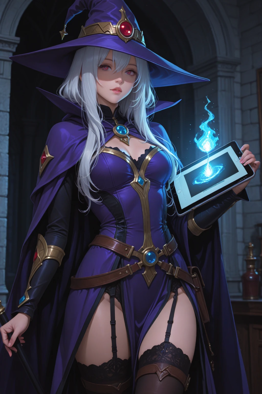 (female:1.2), 8k, ultra hd, ultra detailed texture, hyper realistic, masterpiece, detailed texture, detailed face, detailed skin, detailed lighting, (photorealistic:1.5), best quality, beautiful lighting, cinematic lighting, professional lighting, ultra highres, realistic, detailed hair, real hair, high quality, (realskin:1.5), extremely detailed, finely detail, ultra-detailed, 1girl, solo, floating, (red eyes:1.5), fire eyes, glowing eyes, black lips, v-shapped eyes, closed mouth, angry, colored skin, dark skin, purple skin, nose, pretty, beautiful, make up, cute face, evil smile, short hair, red hair bangs, large breasts, thigh, pauldrons, black pants, belt, purple coat, mechanical wings, armor shoulder, gloves, eudora \(mobile legends\), depth of field, looking aways, skin tight, amazing pose, glowing electric, lighting, blurry background