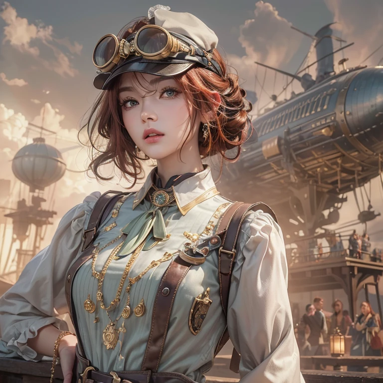 a lovely woman in an elegant dress with exposed breasts, a pug-themed steam-powered servant, piloting a hot air steamship draped with flowers and hearts, steampunk style, (best quality,4k,8k,highres,masterpiece:1.2),ultra-detailed,(realistic,photorealistic,photo-realistic:1.37),intricate details,cinematic lighting,warm color tones,romantic,whimsical,elegant,steampunk machinery,steam power,steam clouds,ornate airship,floral accents,heart-shaped decorations,beautiful detailed eyes,beautiful detailed lips,extremely detailed eyes and face,longeyelashes
