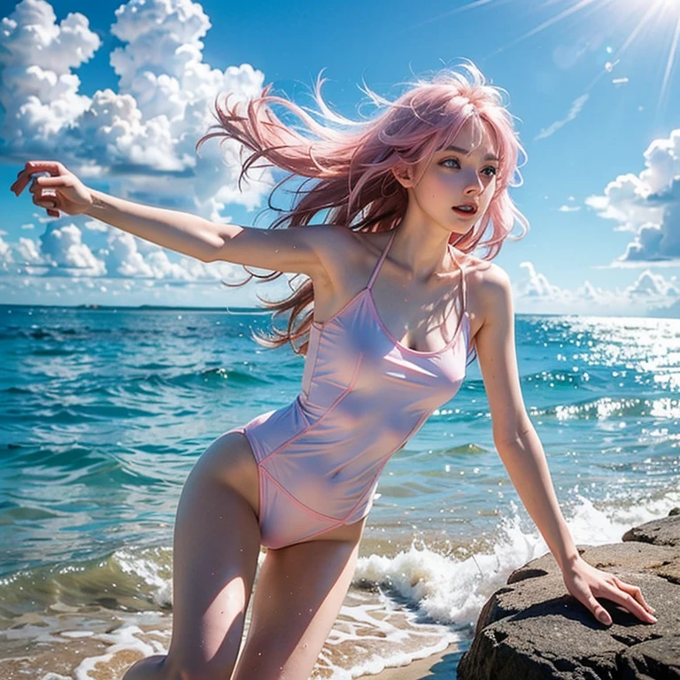 25-year-old girl with shoulder-length messy hair pink,  pink hair