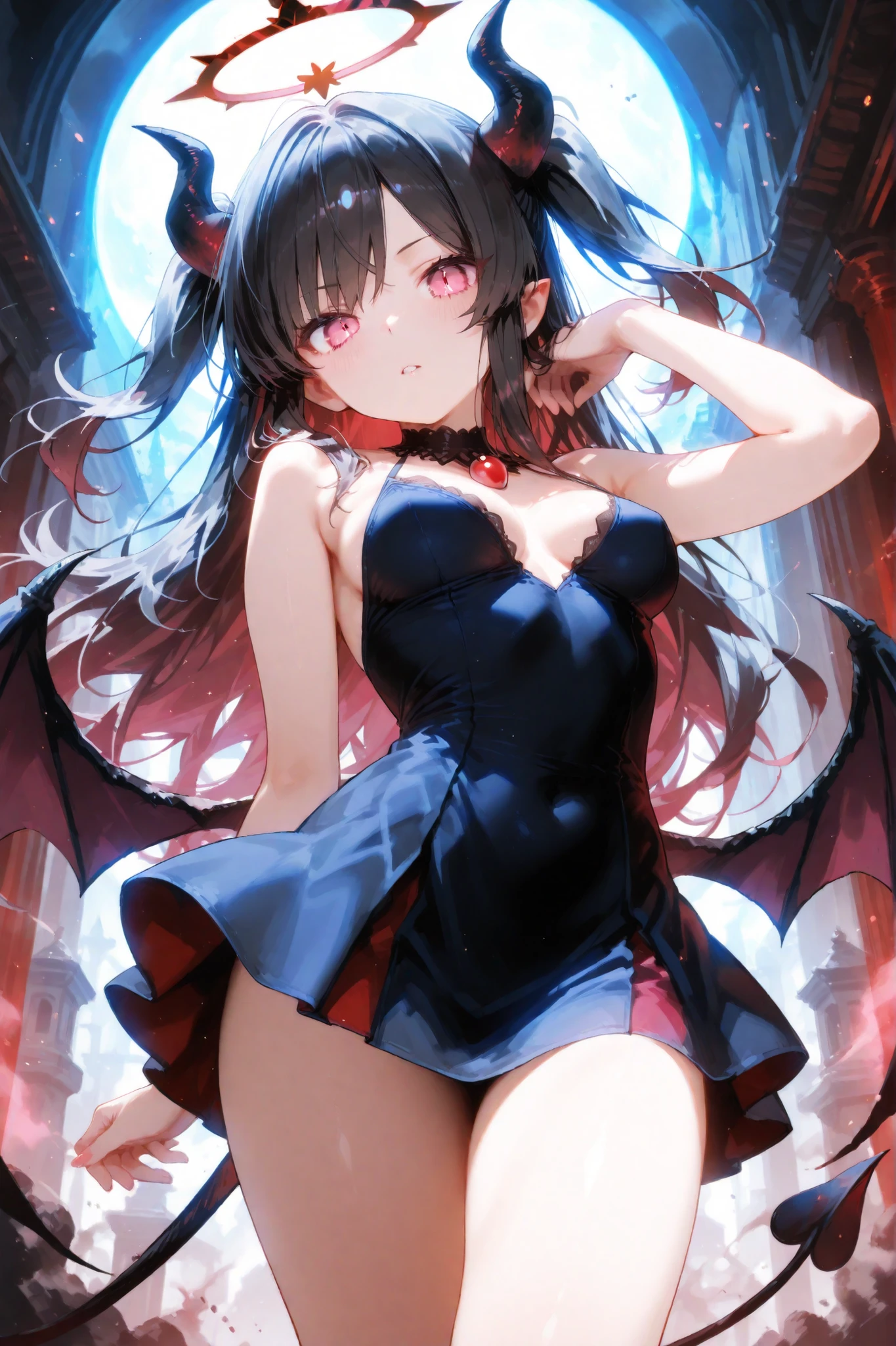 masterpiece, best quality, ultra-detailed, glistening shiny, glowing light, ray tracing, HDR, deph of field, (perfect face, detailed face), lucelia, very long hair, flat chest, black eyes, two side up, pointy ears, demon horns, demon wings , black dress, red skirt, layered dress, red thighhighs, necklace, armlets, wristbands, skirt lift, thong