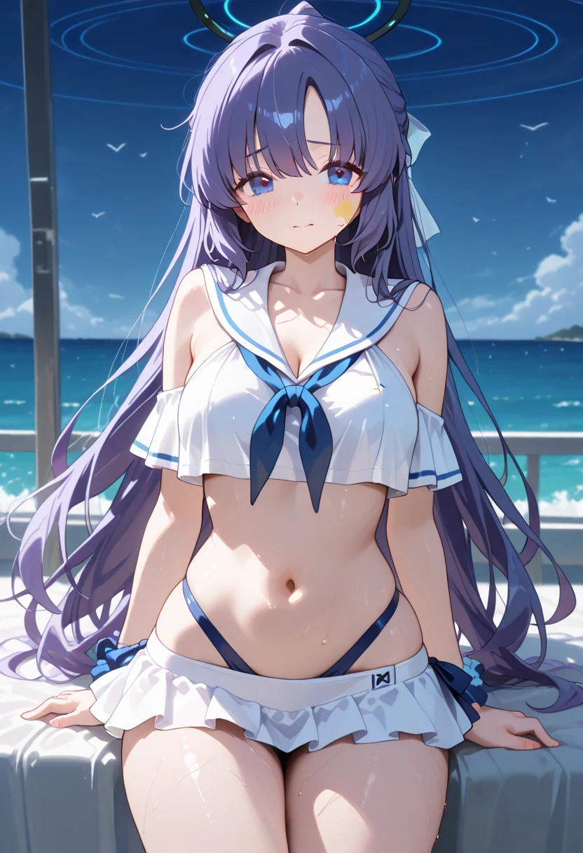 (masterpiece, best quality, ultra-detailed), illustration, (extremely delicate and beautiful:1.2),sunshine, sea, ocean, beach, cloudy sky,
1girl, purple hair, blue eyes, long hair, solo, standing, from below, looking at viewer, large breasts, light smile, blush, wet,
<lora:sailor_bikini-v18:0.8> imas_sailor_bikini, striped bow, thighs, sandals,