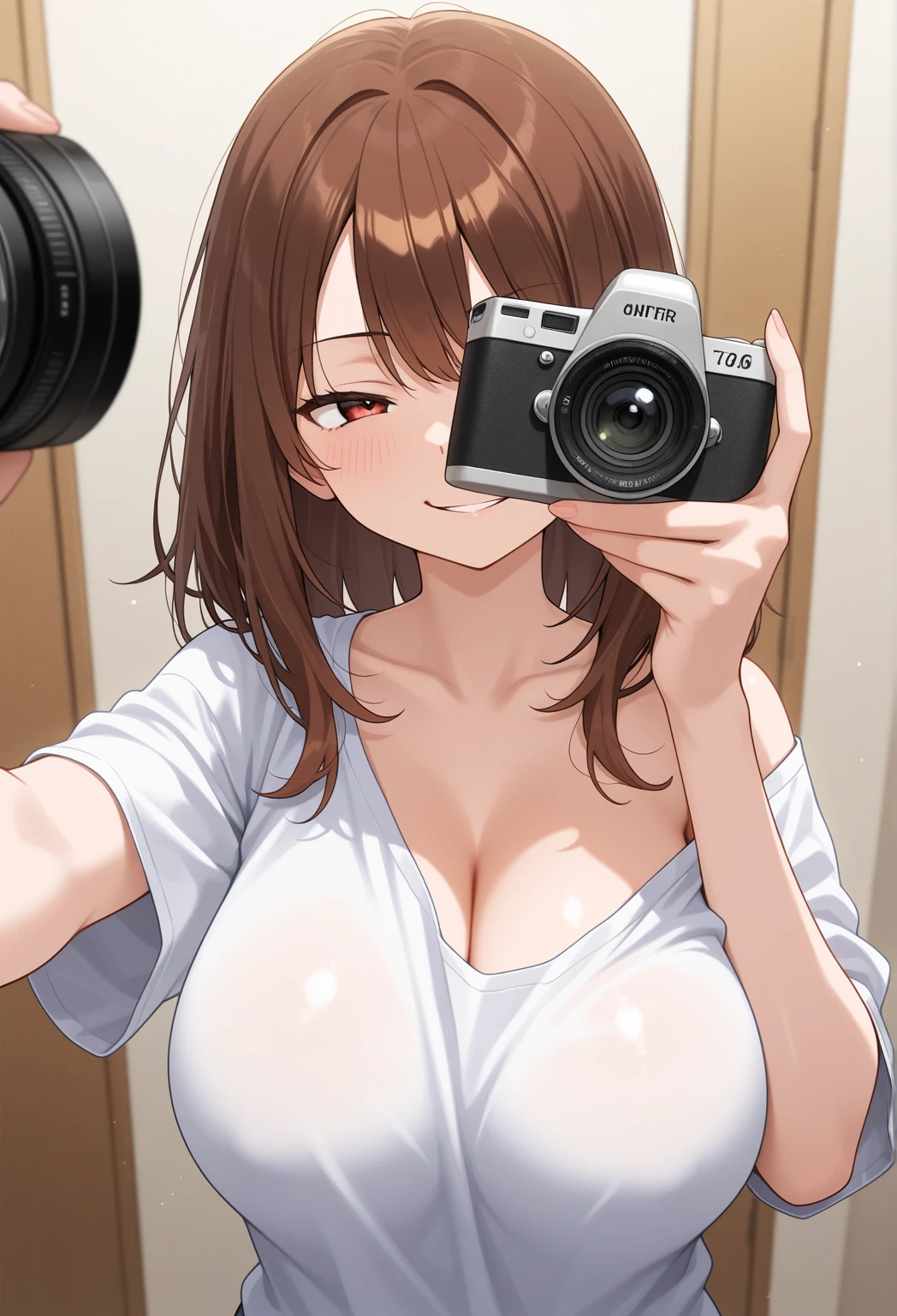 bif , grey jackey, black tank top, hair bun, side bangs, mature, milf, busty, thick, shorts , cleavage, view at camera, white pupil, half eyebrows