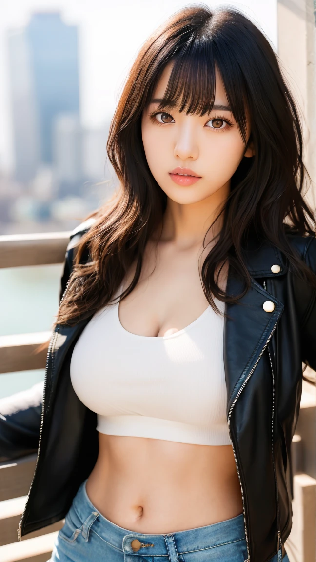 You are a professional photographer。masterpiece、8K、Highest quality, Soft Light, Ultra-high resolution, (Realistic:1.4), RAW Photos,24 years old Japanese, alone, cute, bangs、(pupil, Light in your eyes), Beautiful face in every detail, (Small box),(High resolution detail of human skin texture),Cleavage
、Biker、Wear a rider's jacket、Accurate background、(Leaning on the motorcycle)、Wear tight pants、Showing off your legs
、(Portraiture)