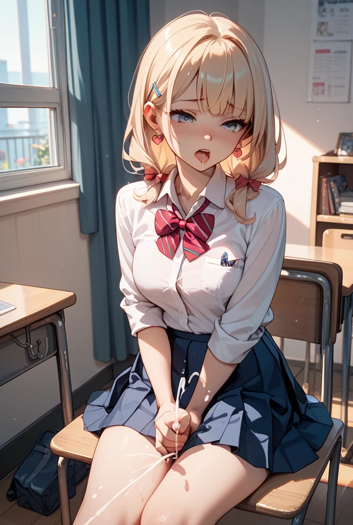 Anime girl sitting at a table with her hand on her chin,(Browsing Caution:0.99)、beautiful girl, (Roll up your skirt), looking at the camera, Angle from below, Short skirt, Squat, A shy smile, Japanese , Beautiful Skin, ((Highest quality, 16K, Tabletop: 1.3)), 1 Girl, The light shines on your face, Highly detailed face, Highly detailed lips, Beautiful Eyes、Realistic looking skin、School_uniform, shirt, It turned white_shirt,Cute design panties、Shaving、Various Hair Styles、Natural clothing、Vans Sneakers、bite、Detailed panties