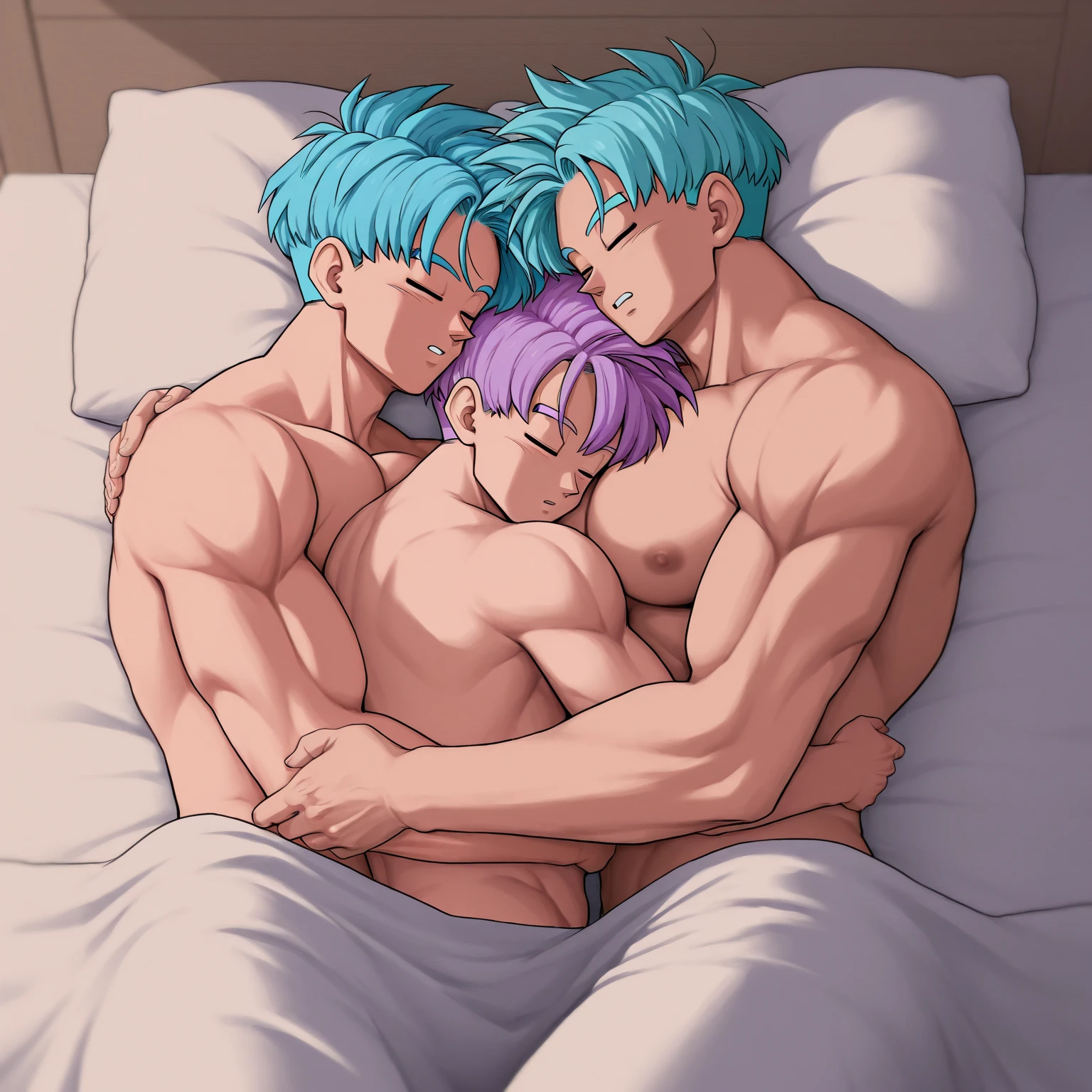 1futanari Saiyan, purple hair combed back, green eyes,slim, thin waist, wide hips, brown skin color, medium breasts, naked, huge dick, huge long dick, 2 meter dick ,steamy dick , erect dick , immense dick , futanari dick inside on girl, futanari on girl, sex, girl dark hair, futanari sex with girl