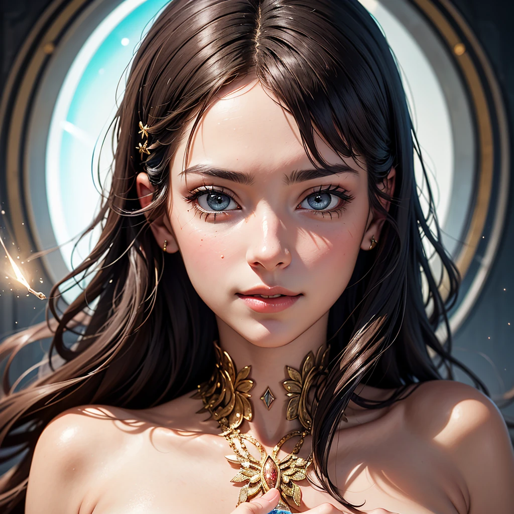 Masterpiece, Superb Girl, Cute Girl, Bust, High Detail Eyes, Perfect Eyes, Portrait, High Detail Face, Same Eyes, Glare, Rainbow Color, Global Illumination, Soft Light, Dream Light, Digital Painting, 8K Close-up, Fantasy, Night Sky, Stars, Nebula, White Crystal, Moonlight, Serenity, Summer, (8K:1.1)