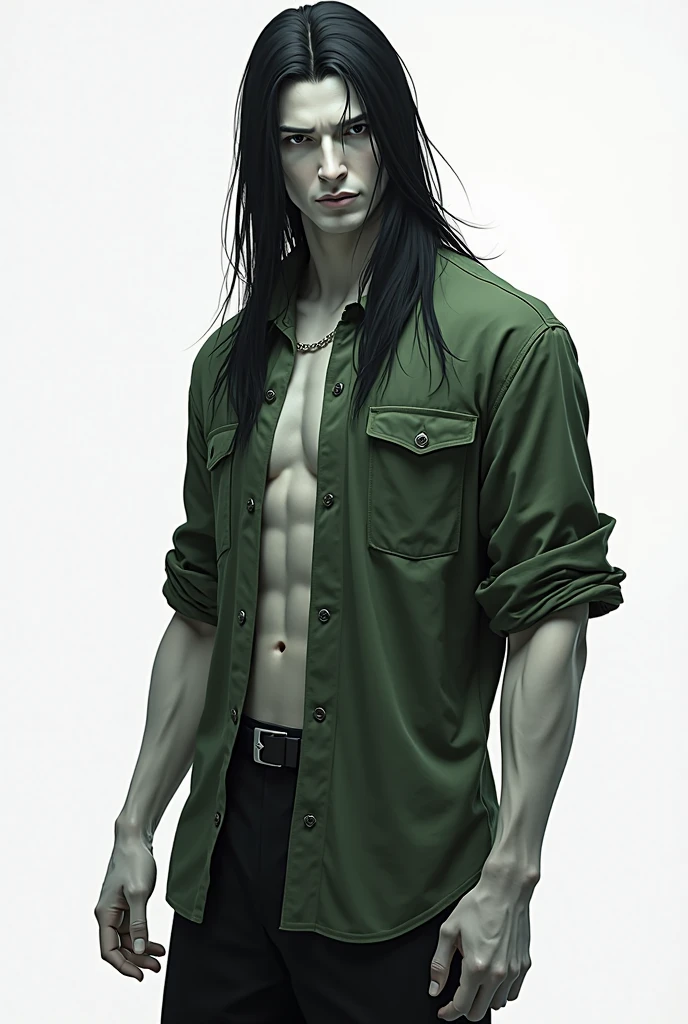 create a hyper-realistic one-man. He is white and handsome, your eyes are striking and blue. He has long, deep black hair that reaches his waist and is loose.. Your body is very muscular and attractive. His appearance is dark and mysterious.