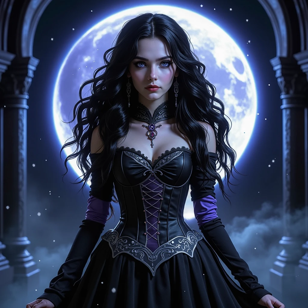 Vivid, high-contrast horror cowboy shot of a white vampire woman beautiful, a black dress, long black hair, wearing a corset, flowy dark black hair, lashes, (((short bangs))), smokey eyes makeup, black lipstick, radiant purple eyes, very curvy, cleavage exposed, perfect anatomy under a dramatic, gritty lighting