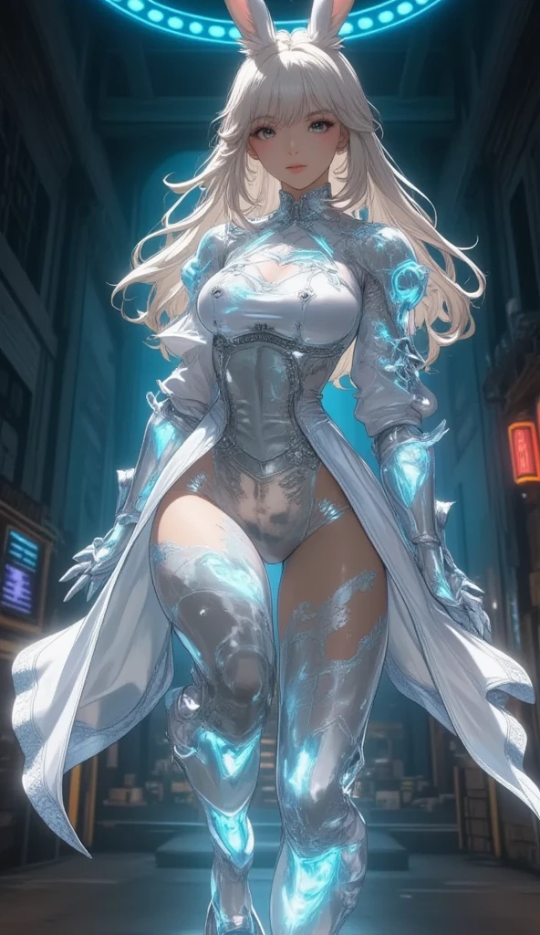 ​masterpiece, ultra-detailliert, 8k, hiquality, Top image quality, One woman, art by:hyung tae kim, Anime characters posing, Seductive Anime Girl, Japanese anime, digitial illustration, Center, biomechanical oppai, oppai, oppai proportions, Sharp Focus, large full breasts, Colossal , The chest is dewy, Exposing the chest, exposing the skin, Curvaceous body, White shiny skin, shinny skin, digitial illustration, Center, Full body shot, intricate detailes, Shiny rubber suit, Catsuit, Depiction of dense hair, Detailed eye depiction, Lively fighting poses, Lively battle poses, fighter, Japanese anime, colourfull, various colors, Sexy body lines, Splash paint background, Abstract, variegated and colorful background, Don't draw buildings in the background, Standing with open legs, Emotionally rich facial expressions, highleg