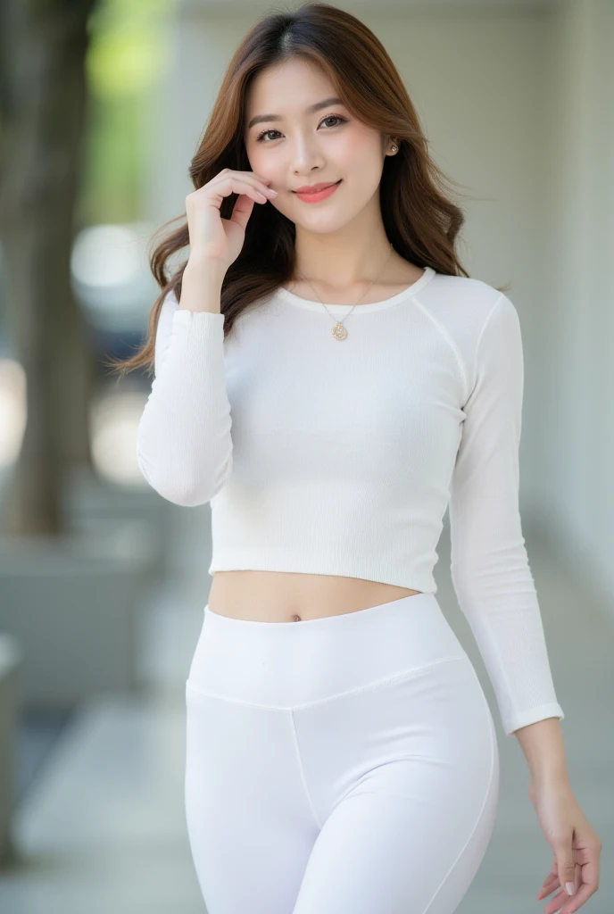 Beautiful Korean girl with good style、white and beautiful skin、short height、brown hair、bun hair、reddish brown eyes、slanted eyes、thin eyebrows、thick lips、smile、fancy clothes、Fashion Model、brick background、