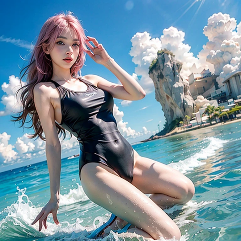 Light pink hair, blue eyes, blue sky, Vibrant colors, Black Swimsuit 、splash, Light Racing, Wavy long hair、splash、Light of the sun、Braiding、Sandy Beach, alone
