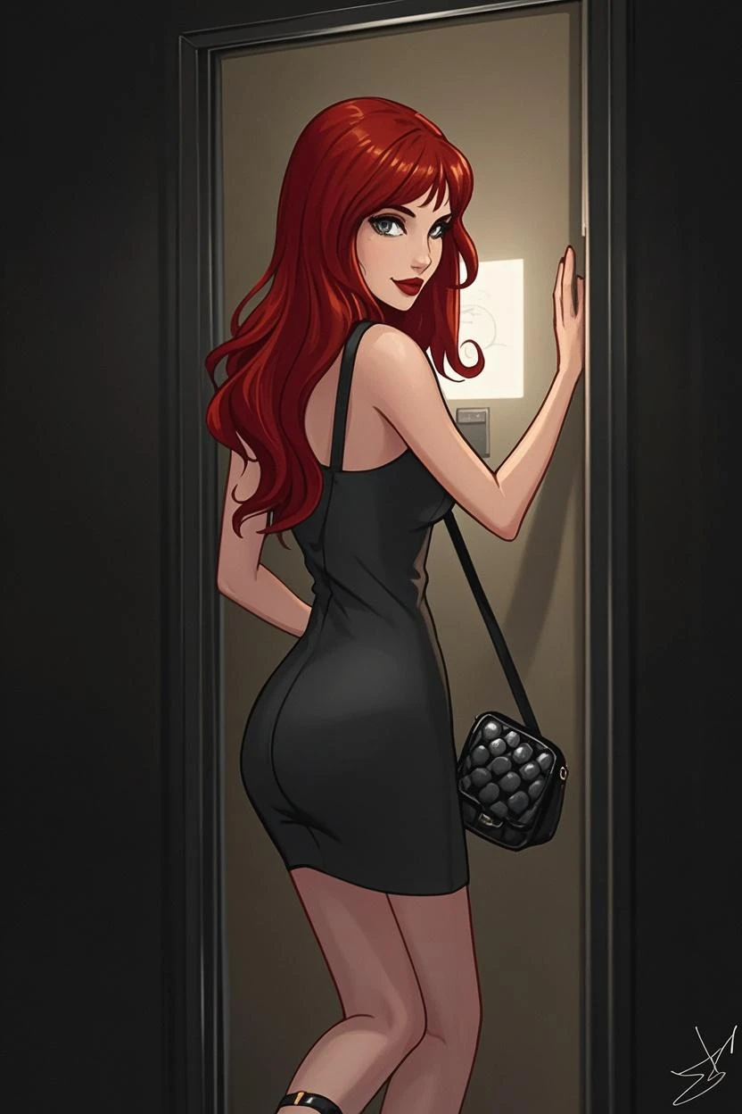 (1 girl, solo, (sexy posing) ), (girl is (redhead long hair), perfect body, detailed olive eyes, (black slit skirt, one shoulder mini dress, cleavage), she's happy), (background closet interior, full of women's dresses and shoes)