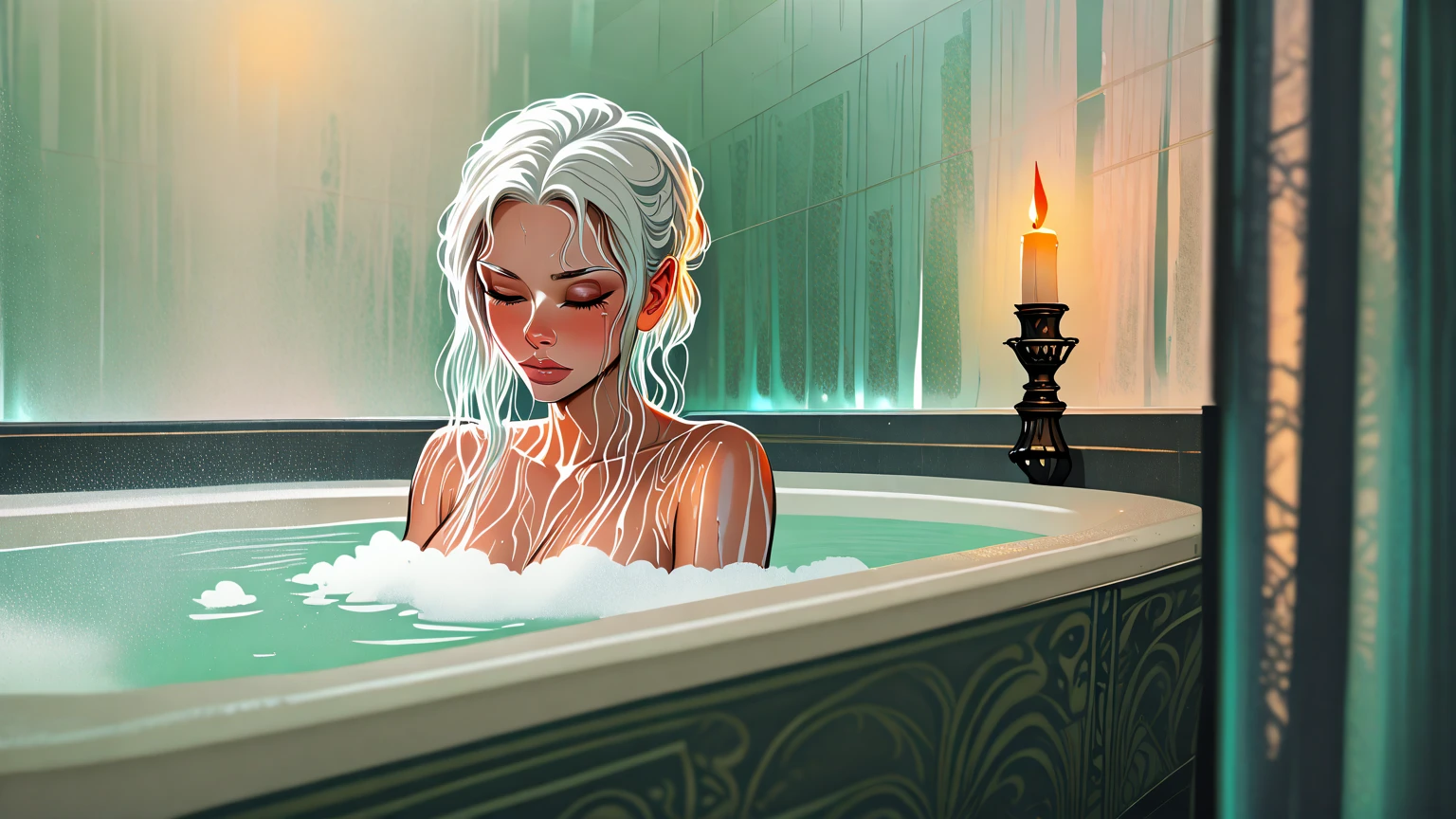 (best quality,4k,8k,high res,masterpiece:1.2),ultra-detailed, photorealistic, full body shot,golden bronde wavy hair,Mature and beautiful, realistic portrayal:1.2 Sailor Moon posing as if she’s in a professional photoshoot, tanned, lounging in a bubble bath, surrounded with lit candles. Beautifully photographed, Sims 4 Style