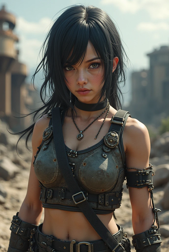 A courageous Wasteland Punk battles hand-in-hand through a wasteland full of pitfalls. The camera zooms in on the woman, capturing her determination. The young woman, with a protective expression on her face, wears makeshift armor and patched clothes. As the zoom progresses, the focus shifts to her hands, highlighting the worn and weathered textures that symbolize her journey and the hardships she has endured. This message is realized in a mixed-media sculptural style, combining elements of metalwork and textile art to represent the characters and their resilience in three-dimensional form.