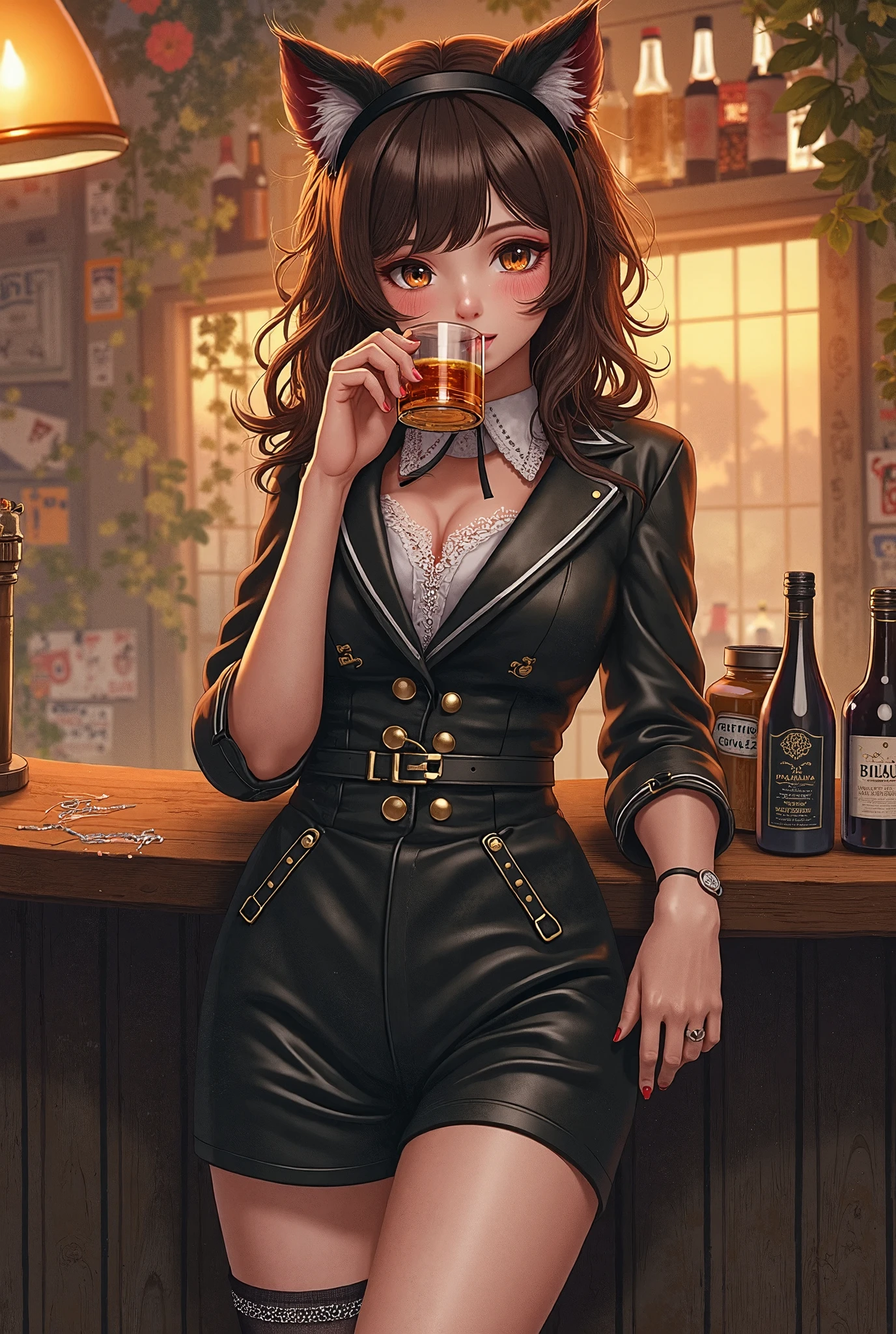 masterpiece, anime, ultra high quality cg, best quality, perfect image, solo, 1girl, dorothea (student), garreg mach monastery uniform, hat, cleavage, short skirt, thighhighs, sitting at a table, eating bread, dining hall