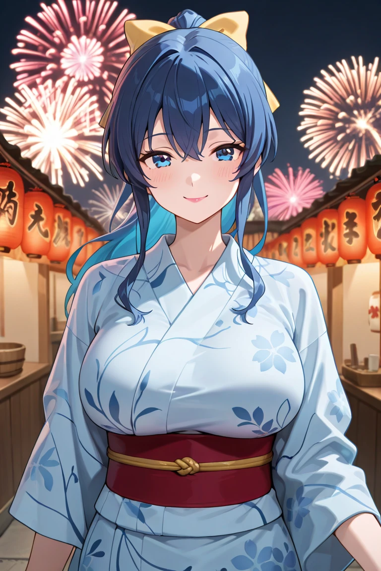 yatsu_murasaki,score_9,score_8_up,score_7_up,1girl,solo,dynamic angle,ymnym,cleavage,japanese clothes,kimono,hair ornament,wide sleeves,sash,obi,animal print,long sleeves,hair bow,east asian architecture, sky, fireworks,