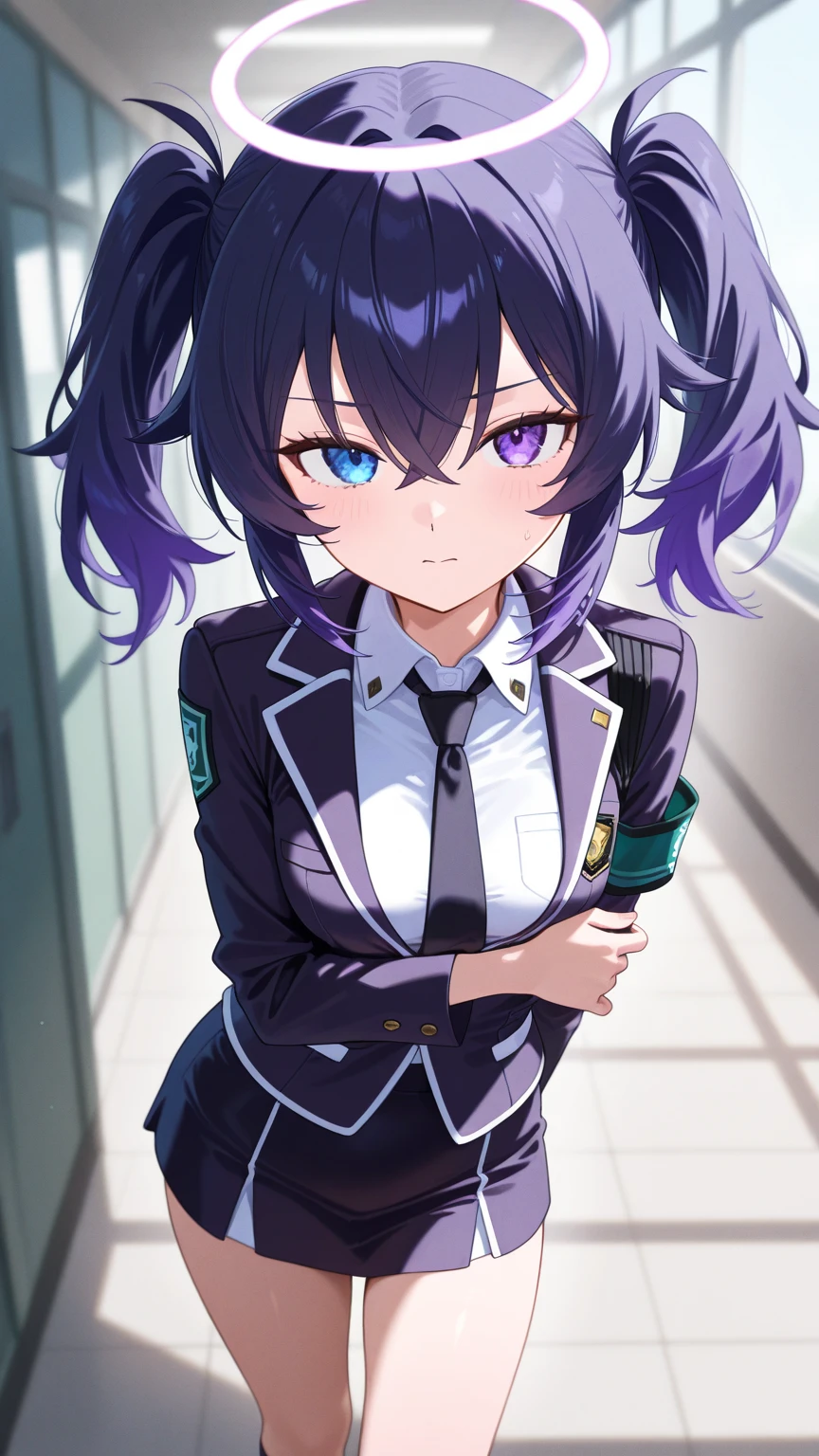 morning, indoors, classroom, school_desk, school_chair, chalkboard, cowboy_shot, front_view, symmetry, looking_at_viewer, 1girl, solo, standing, <lora:yuukaV2.3:0.7>, yuuka, default, halo, purple_hair, blue_eyes, two_side up, long_hair, thighs, thick_thighs, breasts, medium_breasts, long_sleeves, suit, jacket, black_jacket, white_jacket, multicolored_jacket, necktie, blue_necktie, miniskirt, pleated_skirt, black_skirt, belt, white_belt, id_card, open_jacket, blush, open_mouth, angry,