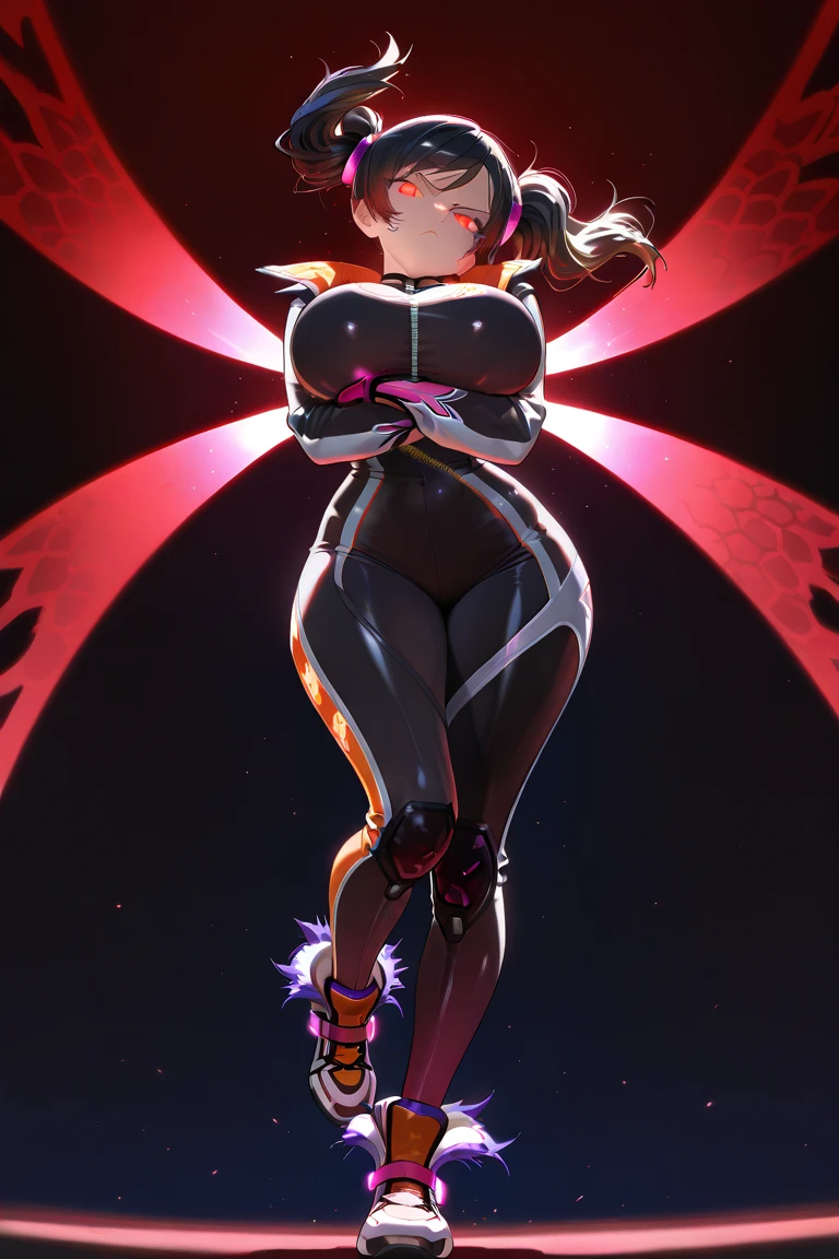 (tmasterpiece:1.3),(best qualtiy:1.3),8K,.((1boy)),((Orange hair)),hair with hot Pink streaks, hair in ponytail,yellow eyes, standing on your feet,bottomheavy,hyper thighs,gigantic ass, Handsome, Mischievous smile,namielle armor, alphaset, CuteTraps