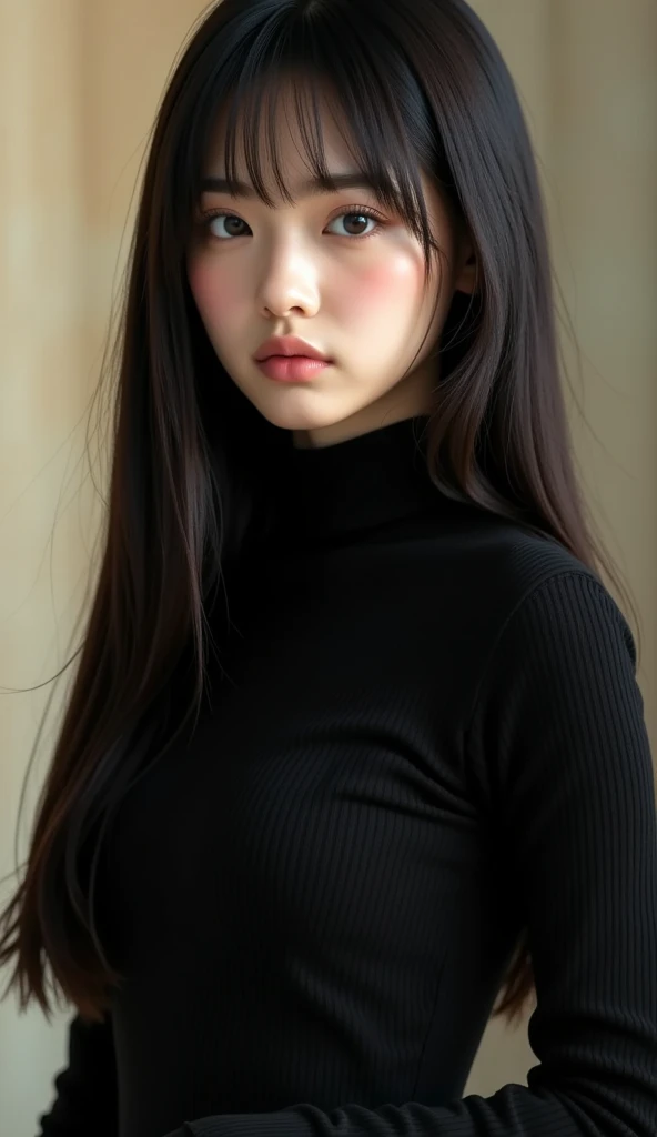 (masterpiece, best quality:1.4), girl, solo, beautiful face, 8k, absurdres, violaceaess, gardeniass, upper body, turtleneck sweater, looking at viewer, no makeup, film grain, chromatic aberration, sharp focus, facelight, sophisticated, (smile:0.5), room, indoor, simple background, bokeh background, [:detail face:10]