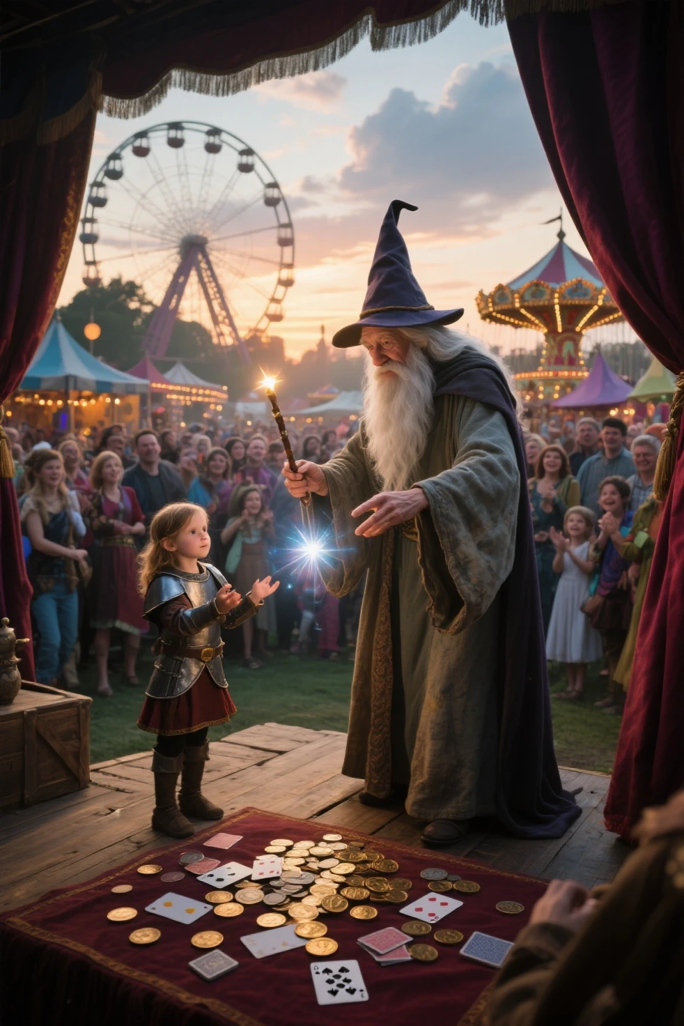 In a fantastical setting, a young girl with blonde hair and a brown coat stands confidently in the foreground. She holds a glowing blue orb in her hand, which seems to emanate magical energy. Behind her, another girl with black hair is peeking out from behind a wall, adding a sense of intrigue to the scene. The backdrop features an industrial landscape with pipes and structures, suggesting a blend of modernity and magic.