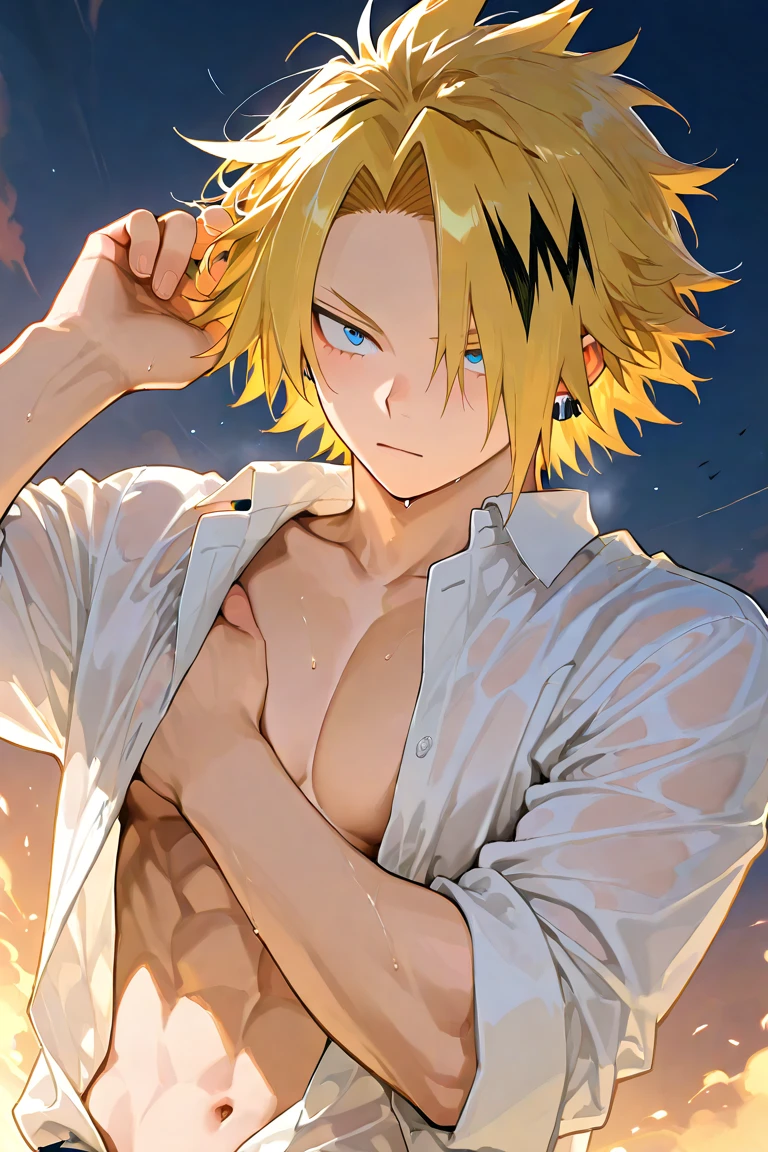 1 boy, 15 year old boy, blonde hair, brown eyes, open jacket, muscles, shirtless, mad, angry