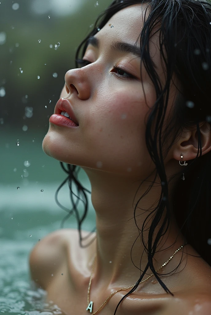 (raw photo:1.2), (photorealistic:1.4), huge file size, super detailed, high resolution, very detailed, best quality, masterpiece, very detailed, 8k wallpaper, amazing, Fine details, masterpiece, best quality, Korean woman, eyeliner, eyeshadow, detailed face, detailed eyes, white t-shirt, torrential rain, soaking wet, covered in dripping water, wet hair, wet dress, dripping water, glistening skin, f/2.0, park in background, water splashing on her head, jean shorts