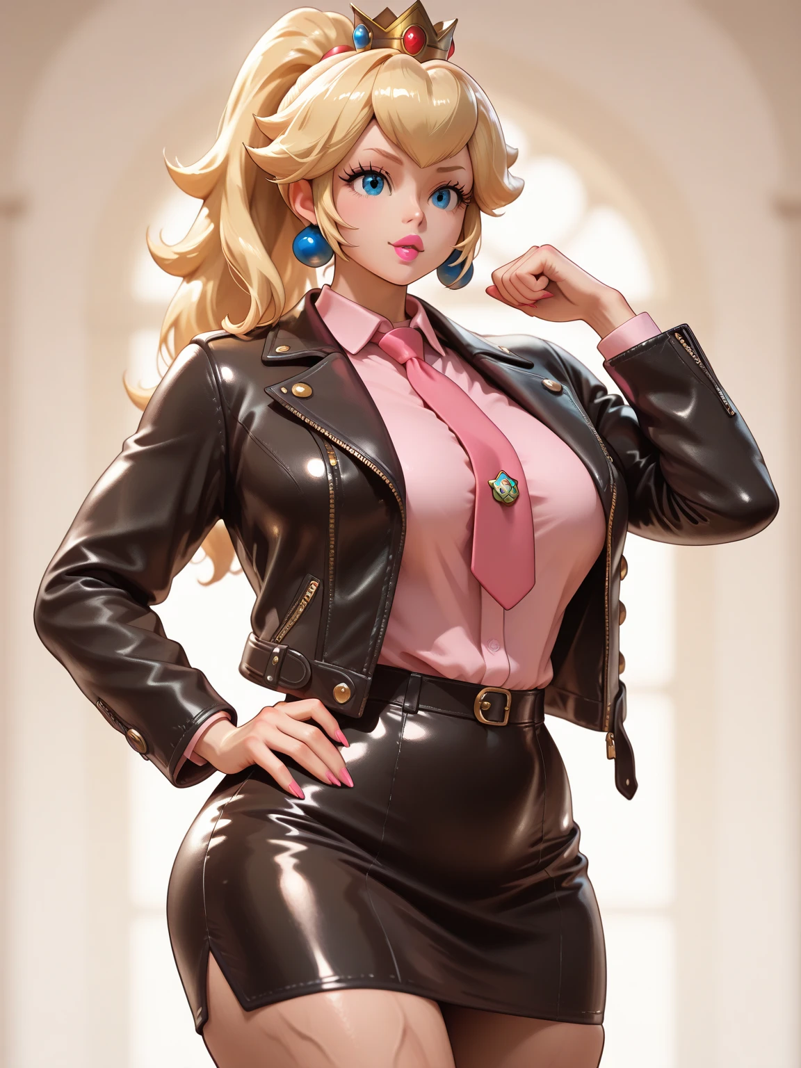 #基本 
A girl is posing for a photo, ((One Girl)), (((Baby Face:1.2)) + ((cute:1.3))), 
#A girl is posing for a photo, ((One Girl)), (((Baby Face)) + ((cute)) + 16 years old), 
break 

#Clothing Accessories 
((Pink nurse uniform:1.5) : (Shiny) + ((Pencil Mini Skirt)) + (High neck) + (Gold Belt) + ((Tight fit)) + (Black Pantyhose)), (Shiny白ハイヒール), 
(Gold hoop earrings), 
break 

#Features 
((Blonde)), (The forehead is visible:1.4), (Twin tails : Short Hair + Voluminous Hair + Fuller Hair + Red ribbon),  
((Droopy eyes), blue eyes, (Big eyes:1.2)), (Big Breasts), 
break 

#background environment 
(noon, (sunlight shines, Modern hospital)), 
#Facial Expression Pose 
((Wicked Smile)), (model posing), 
#composition 
(To the camera, (Focus from the front), (Cowboy Shot)),  
break 

#Body parts elements 
(Slim figure), 
(Detailed Hair, Beautiful Hair, Shiny Hair), 
(double eyelid, Long eyelashes), 
(Expression of fine eyes, Beautiful and delicate eyes, Sparkling eyes, Eye Reflexes, Glitter Eyeliner), 
(Human Ear), 
(Beautiful Nose, Thin Nose), 
(Shiny唇, Beautiful Lips, Thick lips, Shiny唇, Natural Cheeks), 
(Detailed face, Symmetrical facial features), 
(Detailed skin, Textured skin, Beautiful Skin, Glowing Skin), 
break 

#Quality Image Quality Common 
(((Highest quality)), ((masterpiece)), ((Very detailed))), ((Ultra-high resolution)), ((16K, 1080P)), ((FHD)), 
(Anatomically correct), (Realistic), (3DCG), 

#Quality image illustration 
((comics, anime)), CG illustration, 
