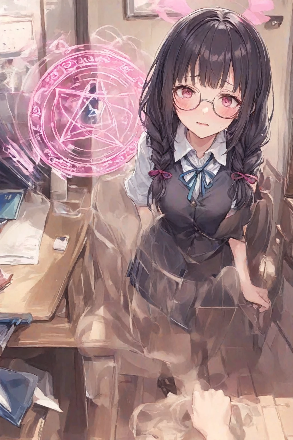 masterpiece, best quality, expressive eyes, perfect face, a toddler get transformed into a cuntboy, solo, surpriced, blushed, black hair, long hair, red baseball cap, brown eyes, full body, bare foot, naked, in a bedroom, pussy, shining magic book.