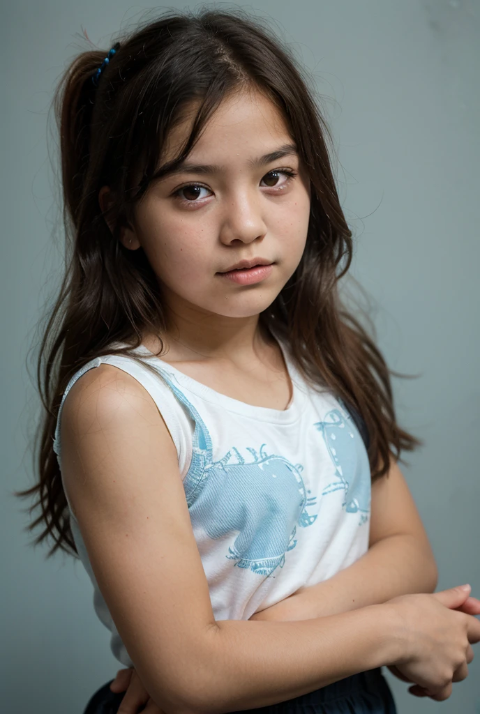 7 year old girl, Asian, wearing a cute pink dress, in a bedroom
