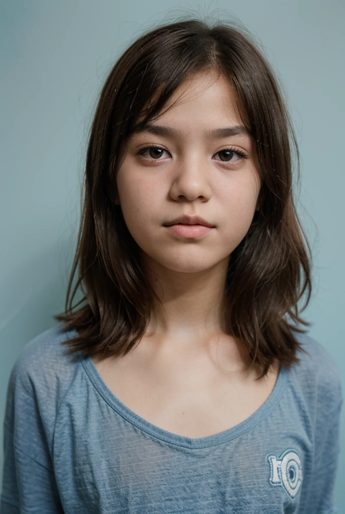A realistic front view of an 11-year-old female with no hair hanging from her face、A face facing directly at you、A face without a shadow