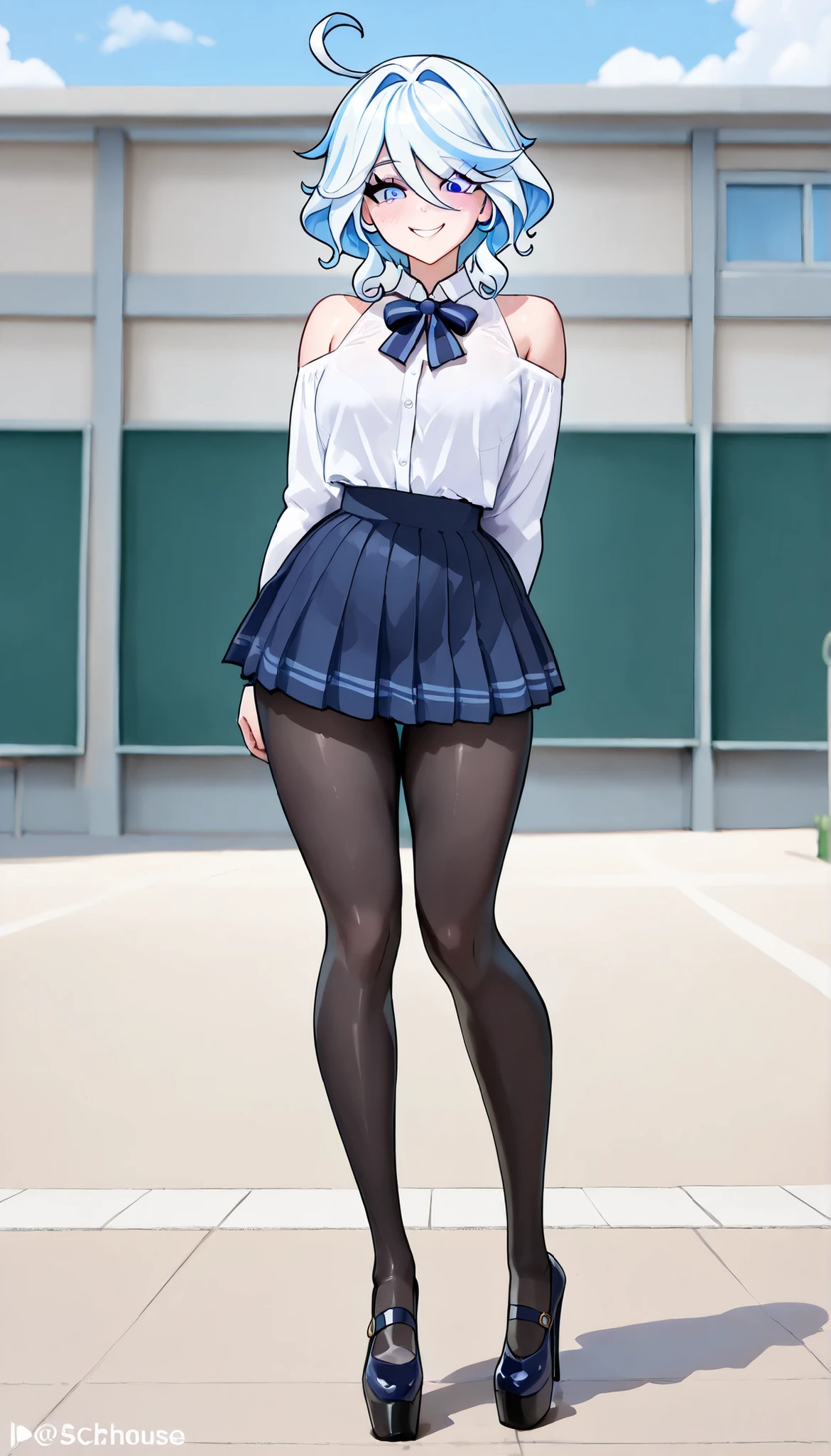 (masterpiece), best quality, expressive eyes, perfect face,1 mature woman,furina,genshin impact,(((schoolgirl uniform))),((pleated mini skirt)),((black pantyhouse)),in the school yard,standing,sexy pose,(bare shoulders),smile,looking at viewer,bimbo, ((Full body)), Platform High Heels, solo,