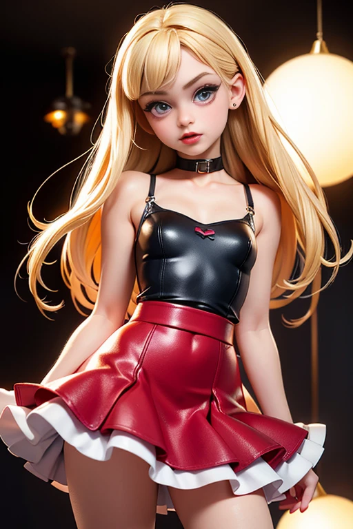 (bedroom) hyperrealistic 14 year old american teen, blonde, perfect tiny body, sexy, dark makeup, choker, perfect slim face, big red lips, very cute face, tiny body, big eyes, young looking, childish looking, big earrings, pink tight latex party dress, standing