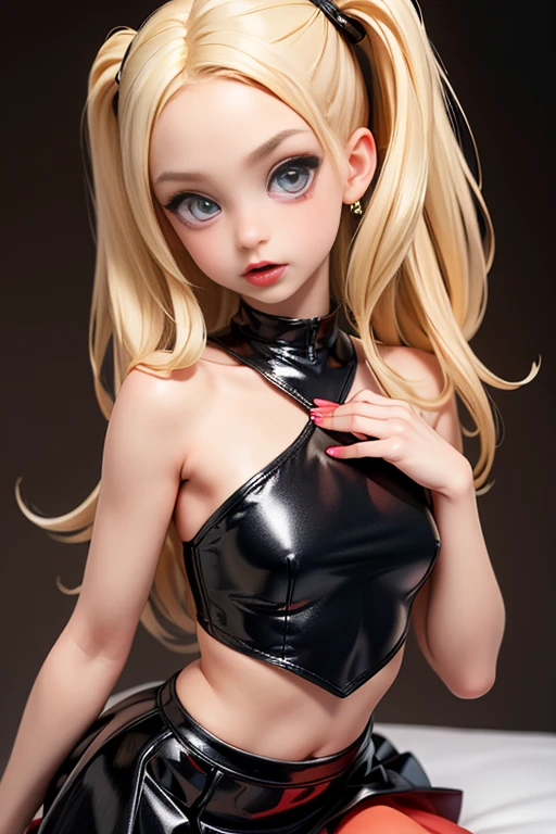 hyperrealistic 14 year old american teen, blonde, perfect tiny body, sexy, dark makeup, small choker, perfect slim face, big red lips, very cute face, tiny body, big eyes, young looking, childish looking, big earrings, silver party top, silver party skirt, perfect belly, showing ass