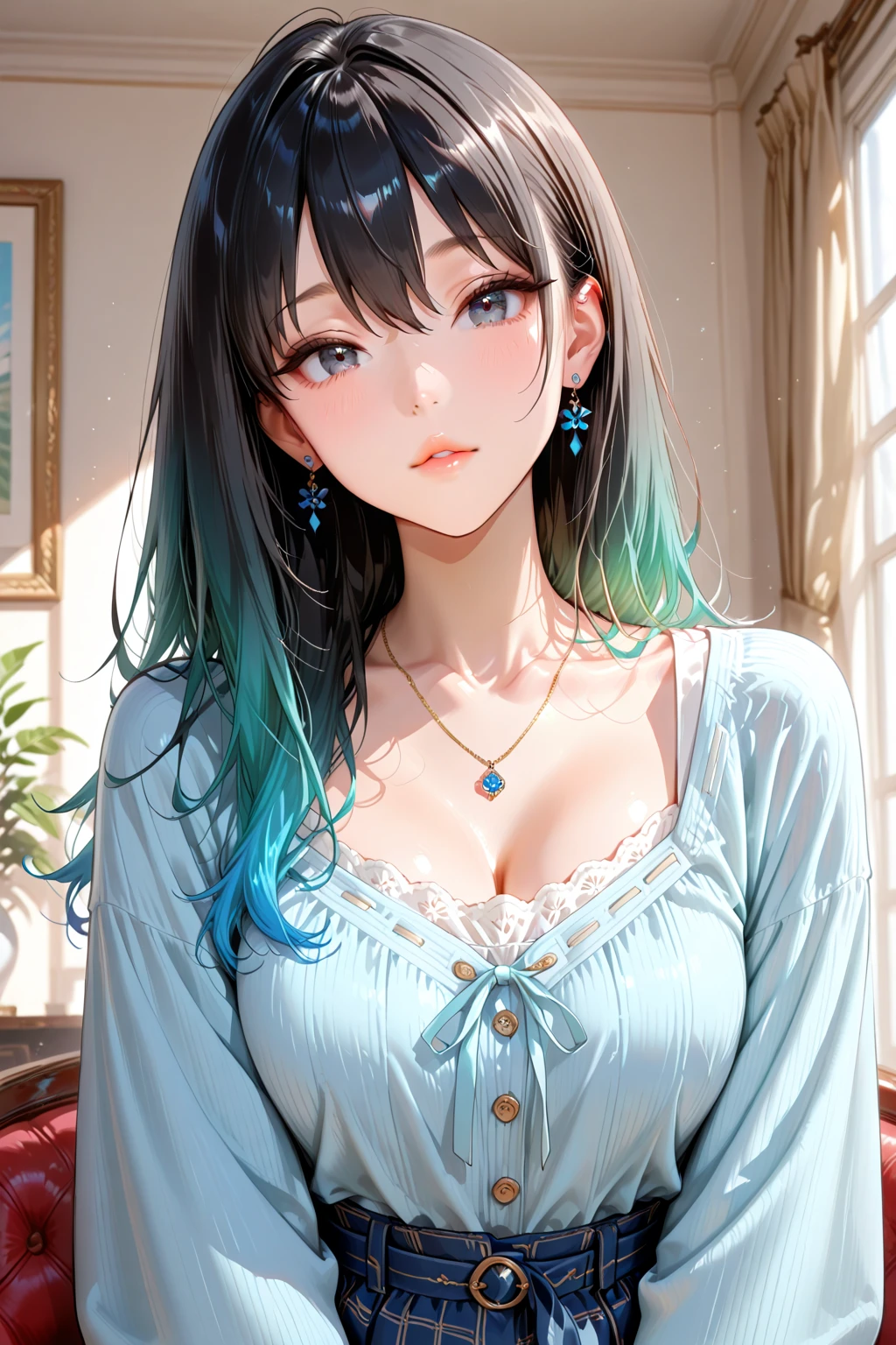 masterpiece,Ultra-high resolution、Highest quality、Hotel Rooms、Sexy pose、healthy、Light blue lace long camisole：1.5、A wet light blue see-through dress covers plain navy blue panties、Delicate green hair、ponytail:1.2, eyeliner、Eyes glowing pink, Shyness、Glossy Lips、Big earrings、Tilt your head、Model walking、Small breasts、the body is slim、Tight waist、Thin thighs