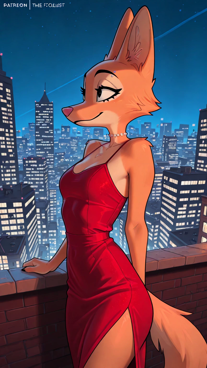 Beastars art style, beastars, Juno, brown wolf, she Wolf, 1girl, furry, long curly brown fur, slim figure, blue eyes, wide hips, Big breasts, party dress, cleavage, night time, New York hotel