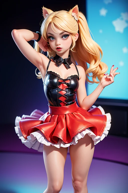 **Title:** "I CAN DO IT WITH A BROKEN HEART"
**Description:** The scene should be in Pixar's distinct digital art style, emphasizing character expressions, vibrant colors, and detailed textures characteristic of their animations. Taylor Swift performing on stage, crying, with a broken heart.