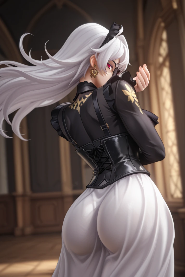 anime, 1girl, ass, bra, thighs, white_hair, big_breasts, bike_shorts, cameltoe, nsfw, seductive anime girl, relaxed_pose, laying stomach on the bed, ass_focus, (Zai_Ji_NARAKA: BLADEPOINT), naraka_bladepoint_game_character, blue_eyes ,sleeping , very_long_hair, Thick_hair, so_much_hAir,proning,prone_position
