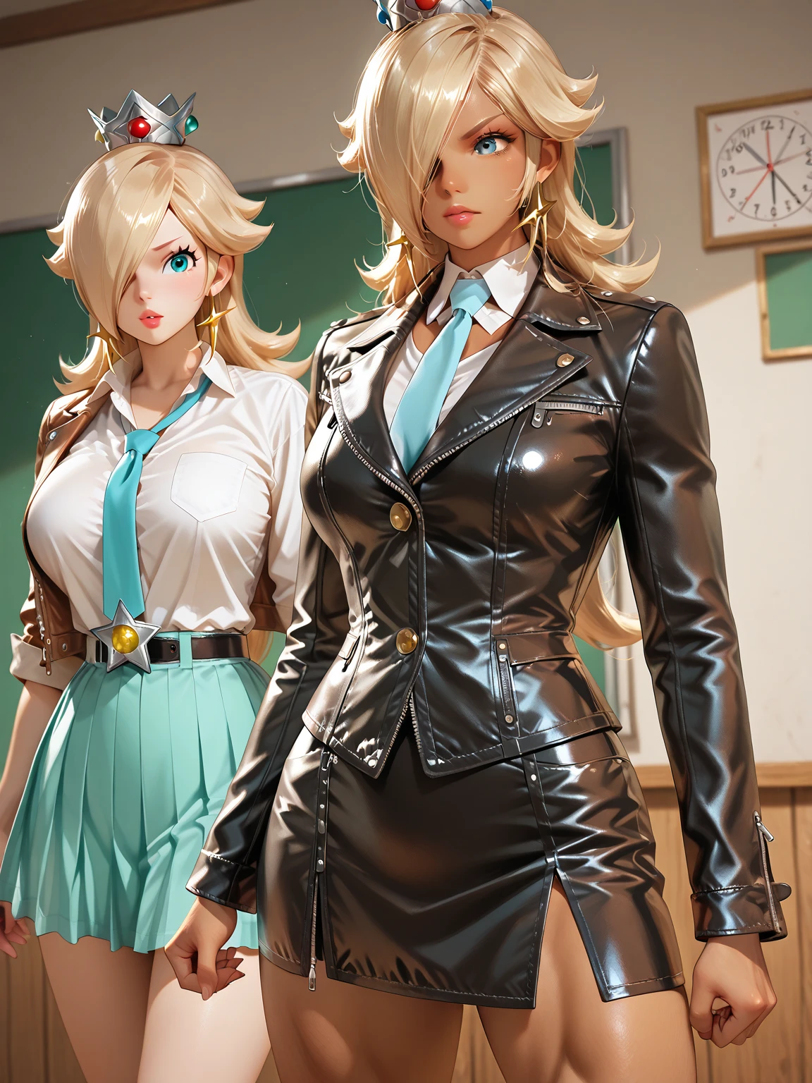 1 woman, solo, long hair, skirt suit, (((three-piece suit))), (((necktie))), blazer, (((suit jacket))), (((waistcoat))), double-breasted waistcoat, bodycon miniskirt, pencil skirt, kneeling, curvy arms, defined legs, beautiful, curvilinear legs, blonde hair, blowbang, , multiple boys, penis, blowjob, cum, facial, cum on face