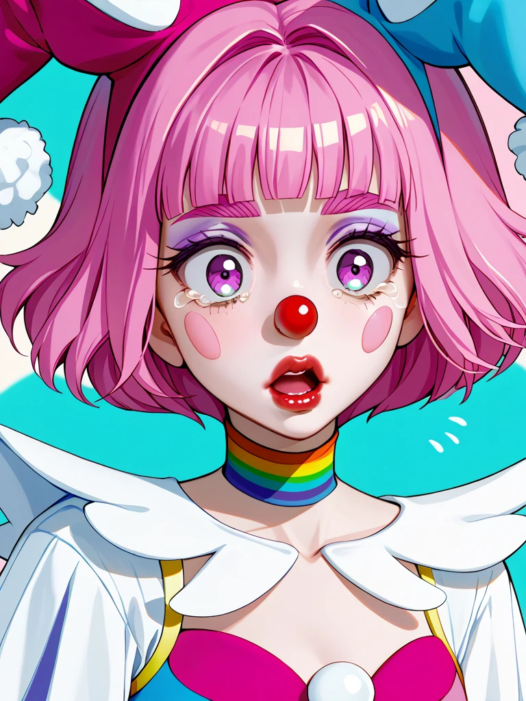 1clowngirl,japanese pink haired clown makeup,clown suit,clown custom,pale skin,white_skin,clown color skin, (sticking out her tongue out),((TOROGAO)), (tongue), ultra high res, photorealistic, best quality, 8k resolution, masterpiece, ((close up face view)), (TOROGAO), kneeling, oh face, Open your mouth wide, Stick out your tongue to receive, One hand in your mouth,horny, lascivious eyes, Ecstasy, (cum on your face), Face up, Shoot from above, (cum dripping from your mouth), Tongue sticking out, (cum accumulation on the tongue), cum facial,cum on her face,ecstatic look, a large amount of  in the mouth,  on the chest, delicate fingertips, complicated fingertips, nsfw, eyes roll back, eyes up